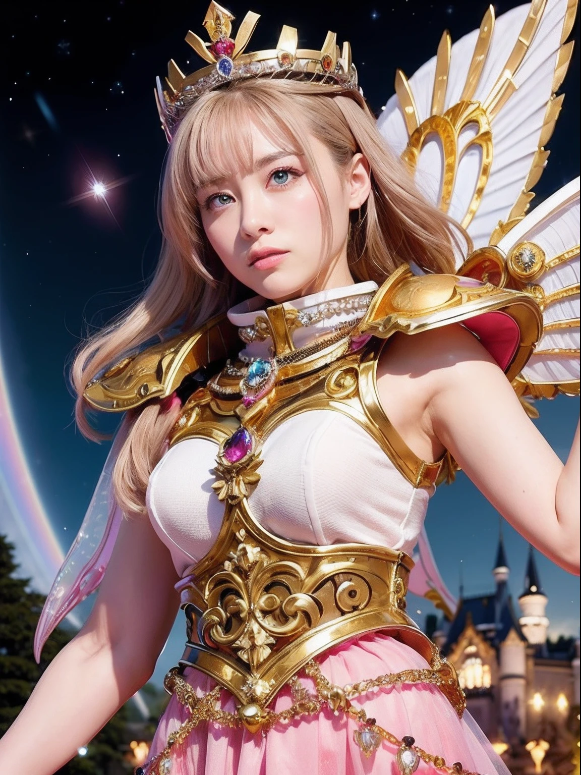 (masutepiece), Professional , ​masterpiece、top-quality、photos realistic , depth of fields （Gemstone Silver Metal Body:1.９),(Matt W White Pink、Jewel Gold Weapon、（Gorgeous castle background）、（ultimate beauty girl）、（Rainbow fairy wings grow）、Particles of light、（Metal body of iridescent gemstones:1.９),Gorgeous Jewel Metal Weapons , Detailed Sword of the Brave ,（ a blond）   ,warhammer 40k , adepta sororitas,Detail and ornate jewel crown、独奏、Brown hair、Mystical expression、（Gangle's forest background）、Beautiful Caucasian beauty、１a person、dynamic ungle,(((Diamond tiara with detail and luxury)))、a small face、Powerful poses、（Gorgeous castle background）、huge filesize、20 year old beautiful woman、Stand in the center of the screen、Thin female fingers、Straight long hair、Beautiful Caucasian beauty、（maikurobikini）、Hair fluttering in the wind、face forwards、Look at viewers、（Armpit）、Armpit、