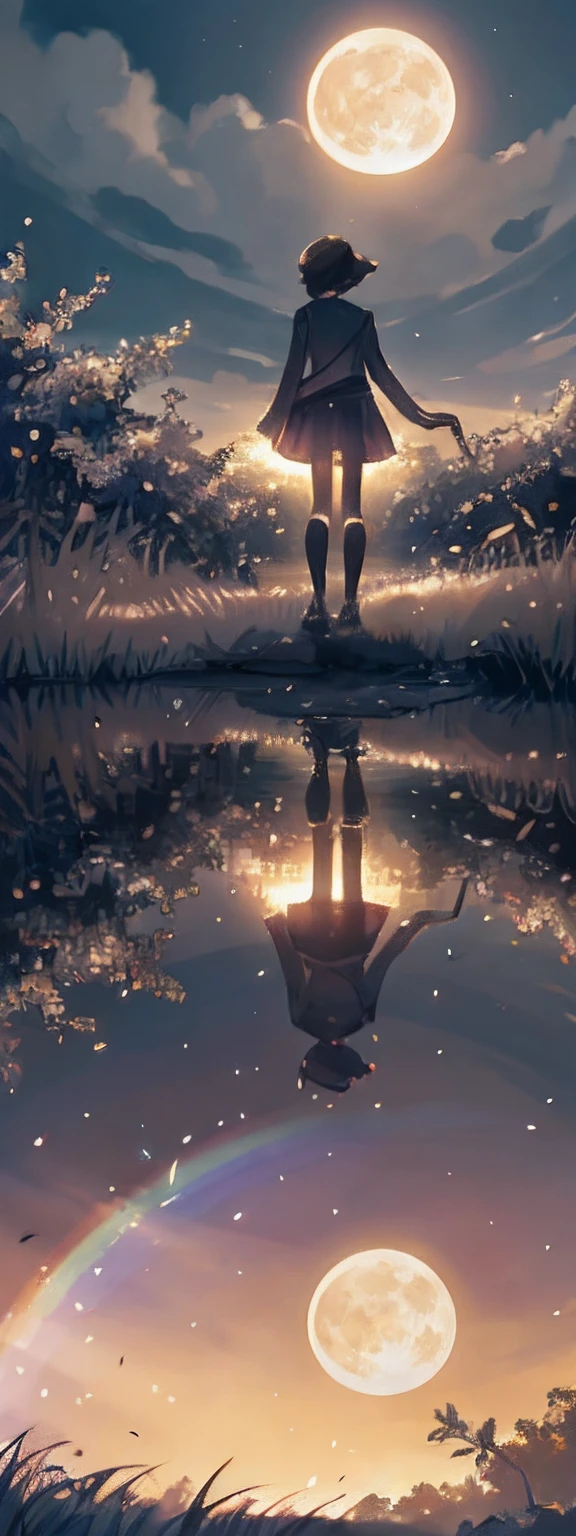 A wide landscape photo, (viewed from below, the sky is above, and the open field is below), a girl standing on a flower field looking up, (full moon: 1.2), (meteor: 0.9), (nebula: 1.3), distant mountains , Trees BREAK Crafting Art, (Warm Light: 1.2), (Firefly: 1.2), Lights, Lots of Purple and Orange, Intricate Details, Volumetric Lighting BREAK (Masterpiece: 1.2), (Best Quality), 4k, Ultra Detailed, (Dynamic Composition: 1.4), Rich in Detail and Color, (Rainbow Color: 1.2), (Glow, Atmospheric Lighting), Dreamy, Magical, (Solo: 1.2)