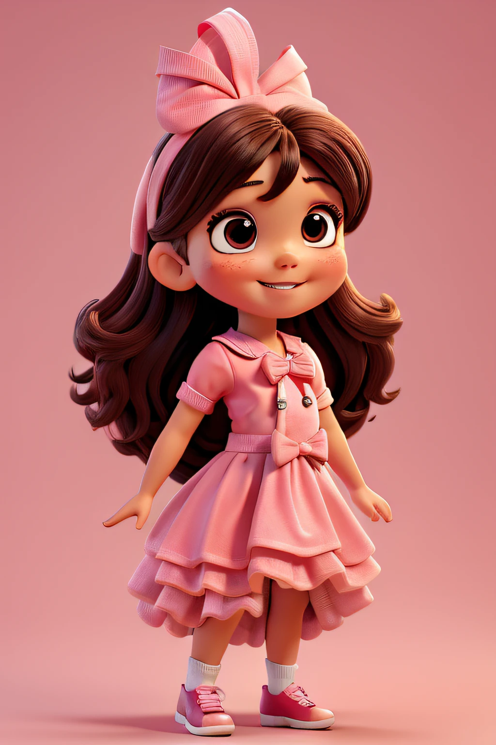 Bebe de 2 anos , pele morena clara, cabelo castanho, pouco cabelinho, with pink bow' on the head , Body rosa,sorrindo, feliz, 4k, clear