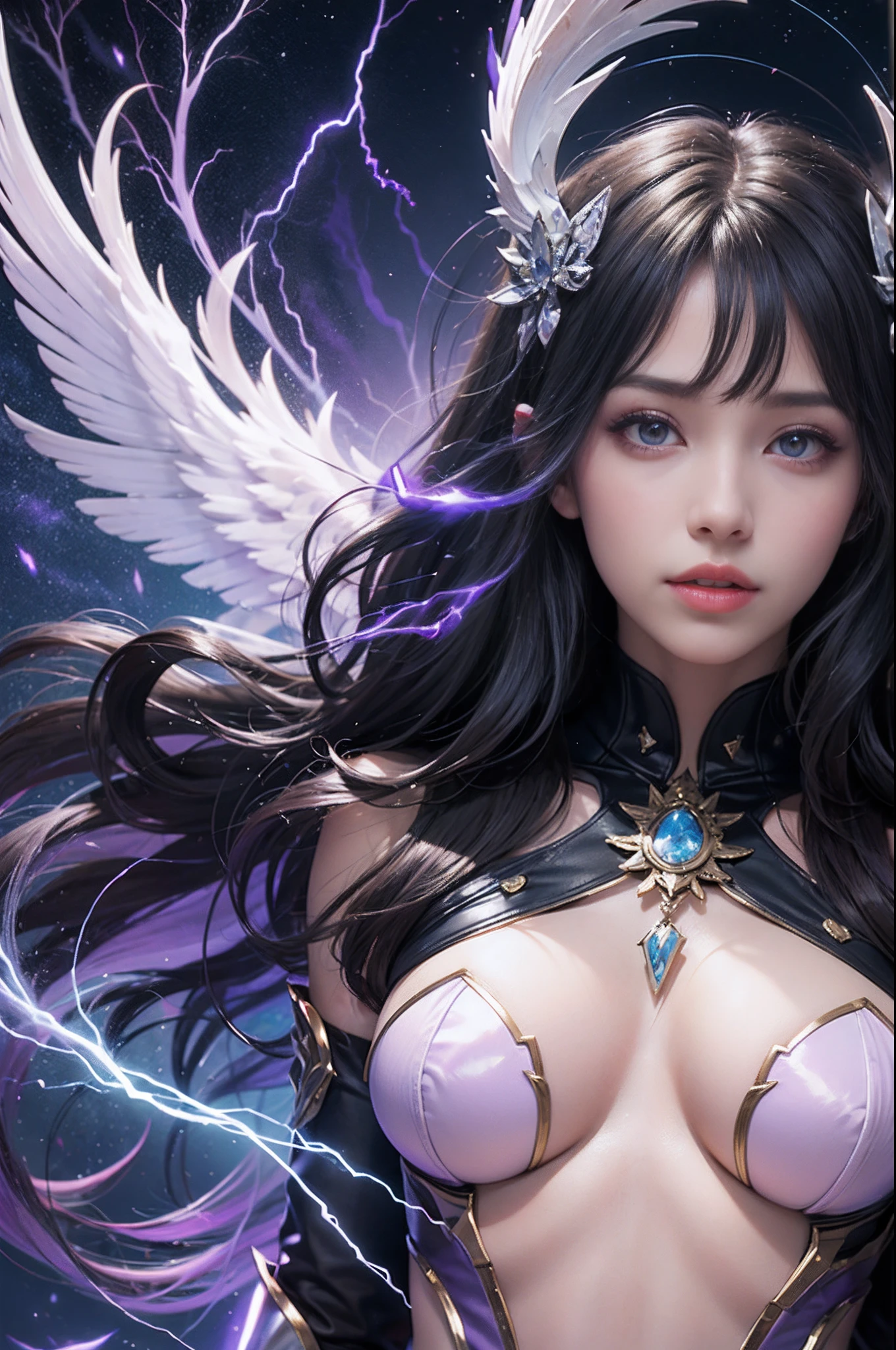 Beautiful Devil Girl,(best qualtiy,8K,tmasterpiece:1.3),Goose egg face,largeeyes,long eyelasher,With bangs,Cool Handsome,domineering,Exquisite(Live-action realistic style),Star-like eyes,The Ultimate Face,Photorealistic light and shadow,Clear facial features,milky skin,Fair skin, highdetailskin, Realistic skin details, Visible Pore,(Super Detail),petite body,Carmelto, full body Esbian,She wears long, Loose black hair that reaches to the waist,(Flowing hair), SMOOTHNESS,gigantic wing,crystal wings,(Super Detail),Dressed in simple armor,((dynamicposes)Suspended in the air),((Background of two ice planets,Binary orbital flight,spaces,the sea of star)),((dynamic background((purple lightning)) ,Dramatic scenes