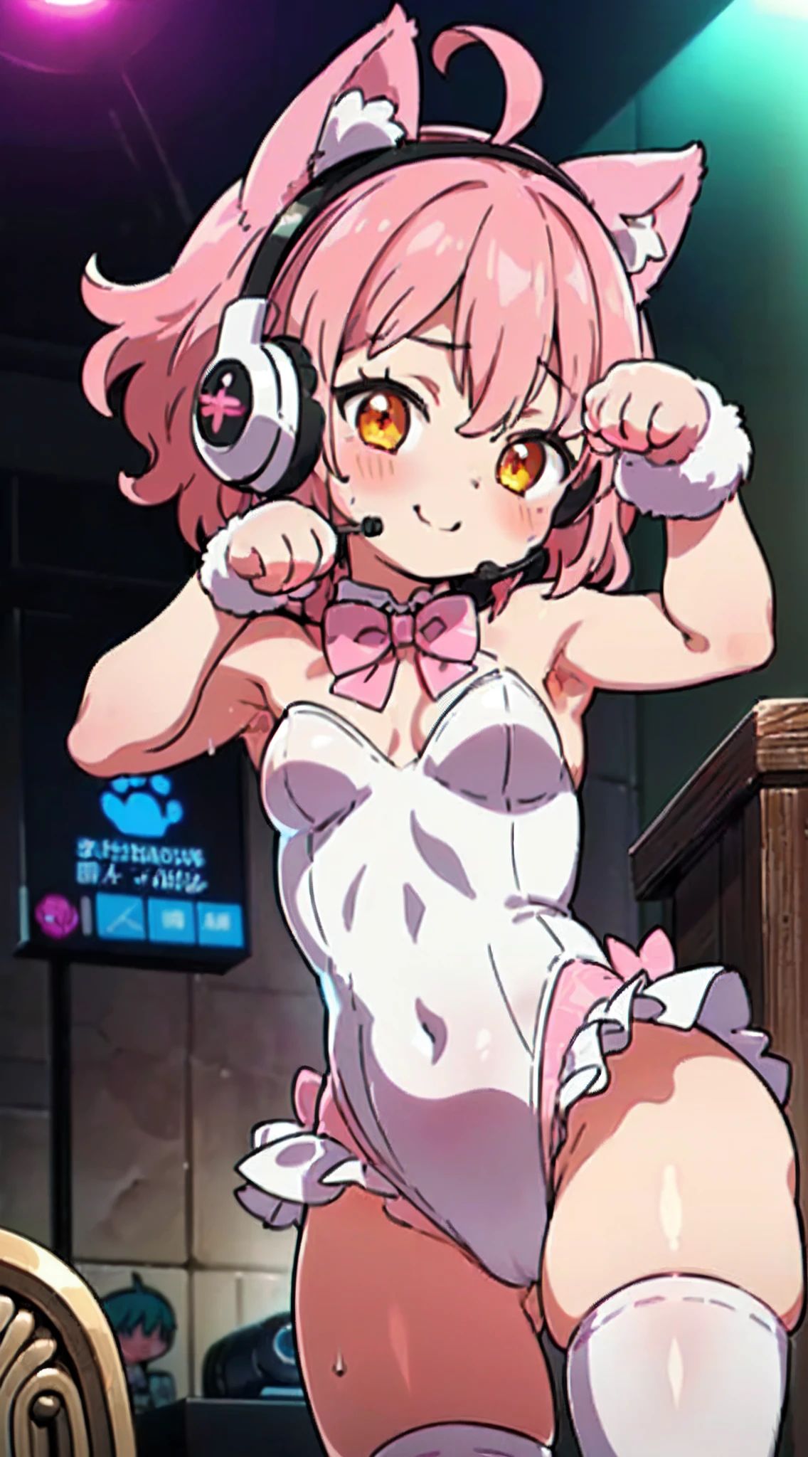 (Perfect body),Best Quality,16 K,(Lori)、((((Chibi))))、((blush)),(Short hair), (((Orange Eyes))),thick thight,((((Pink hair)))),Standing,Sweat,flabbergasted,(((small tits))),Big ass,cowboys_shots,((((Wavy Hair)))),Ahoge,hair clips,(((Pink ruffles))),(((white  leotard))),(white knee-socks),(whitegloves),Big ass,flat chest、(thick thighs)、blush、is standing,((( short in stature))),((Smile)),((((headset on head))),((Nekomimi))、(((Left arm up))),(((((Wink))))),((((PAW Pose)))),(((((Idol))))),((((1girl in)))),(((pink bowtie)))、((Armpit))、((Jumping)),From below,Spread legs,(Dancing)