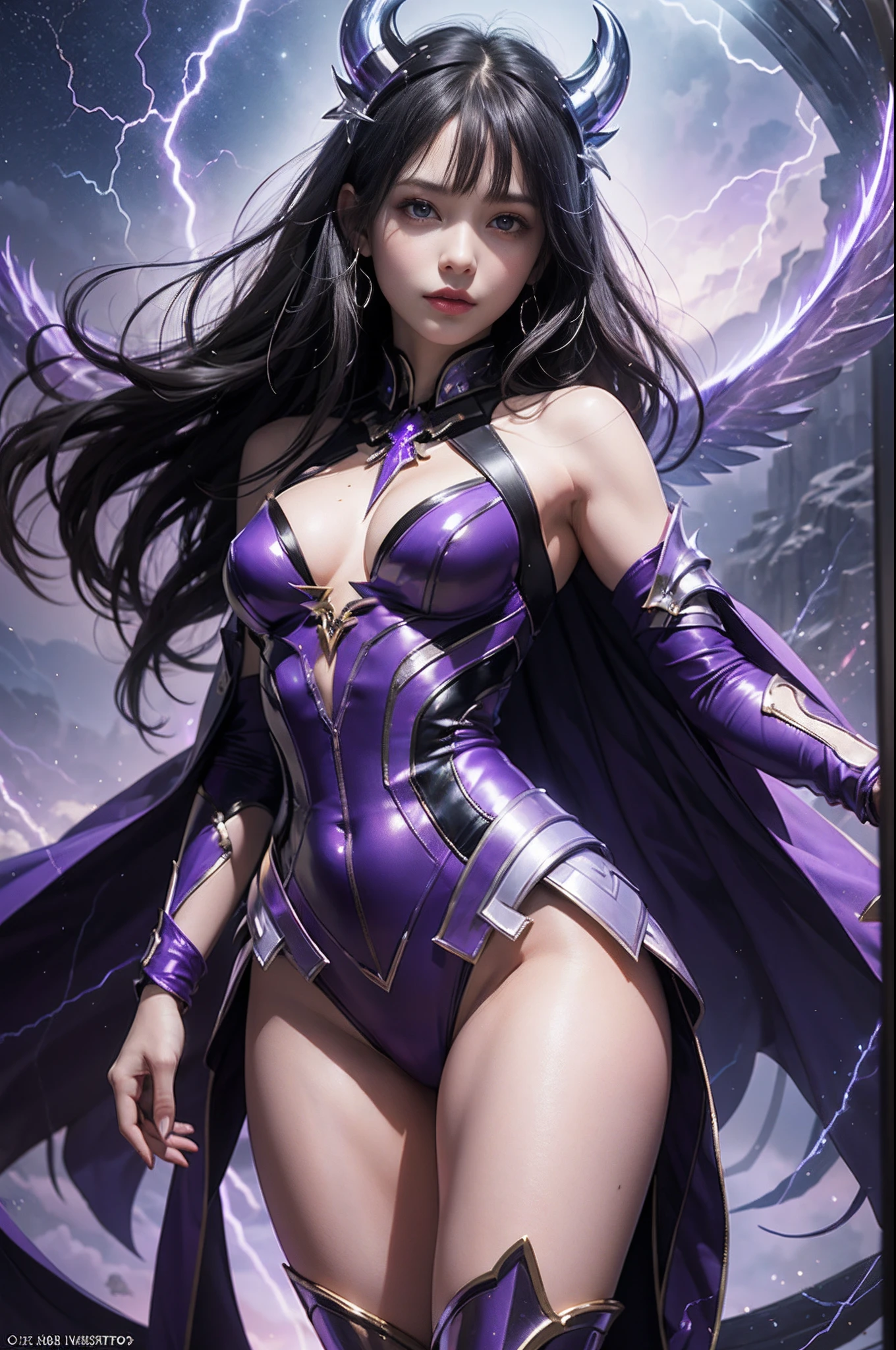 Beautiful Devil Girl，（best qualtiy，8K，tmasterpiece:1.3），Goose egg face，largeeyes，long eyelasher，With bangs，Cool Handsome，domineering，Exquisite（Live-action realistic style），Star-like eyes，The Ultimate Face，Photorealistic light and shadow，Clear facial features，milky skin，Fair skin， highdetailskin， Realistic skin details， Visible Pore，（Super Detail），petite body，Carmelto， full body Esbian，She wears long, Loose black hair that reaches to the waist，（Flowing hair）， SMOOTHNESS，gigantic wing，crystal wings，（Super Detail），Dressed in simple armor，（（dynamicposes）Suspended in the air），（（Background of two ice planets，Binary orbital flight，spaces，the sea of star）），((dynamic background((purple lightning)) ，Dramatic scenes
