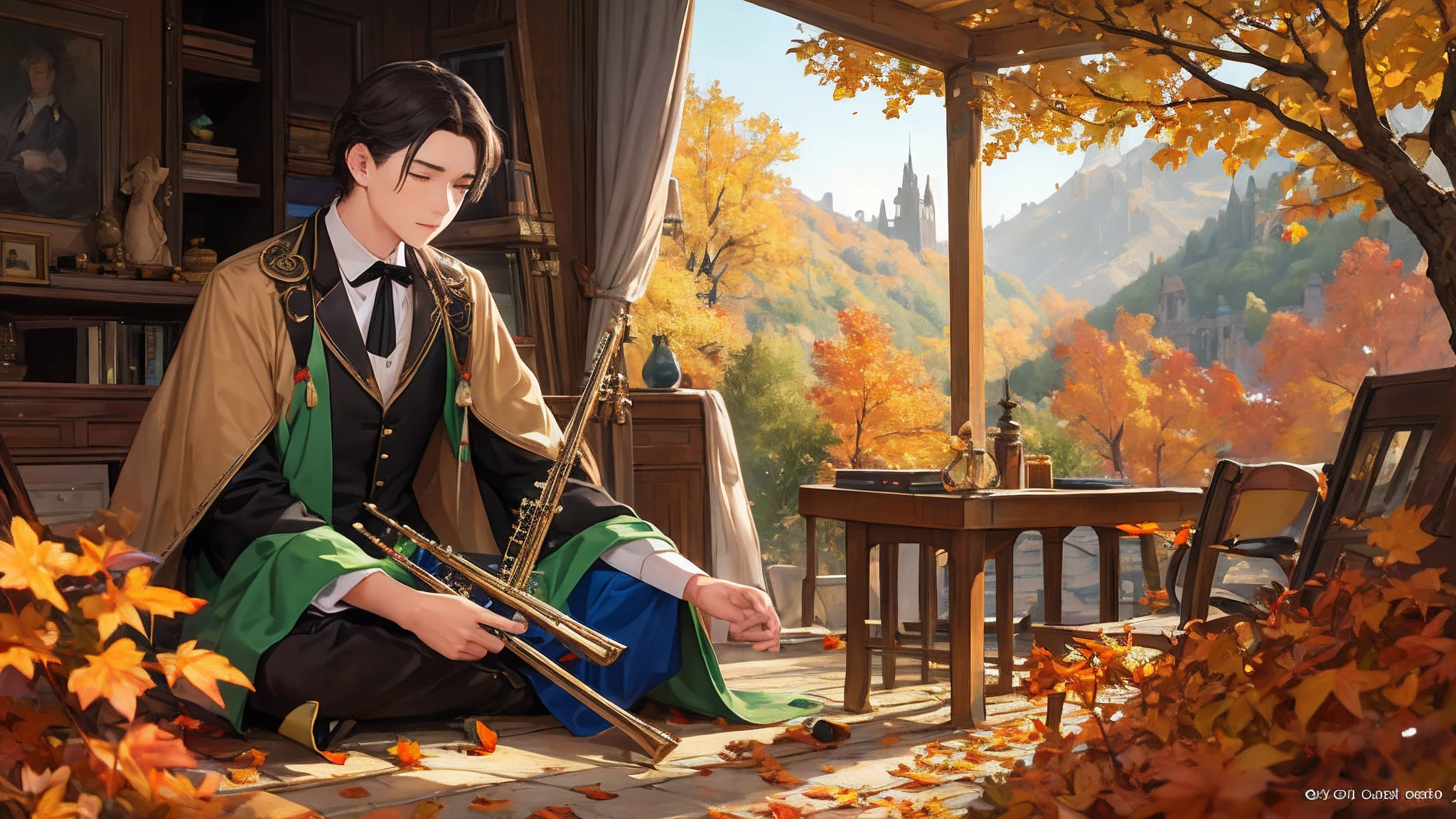 Antique Man Flute Contest Fallen Leaves
