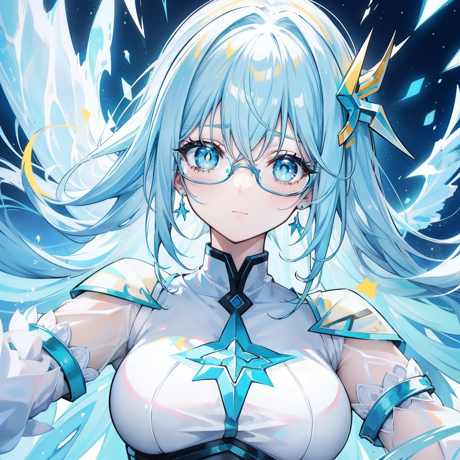 light blues,Yellow hair,Fluorescent milky white,Blue-pink pupils,Black thick-rimmed glasses,Yellow, Blue and white clothes,Super nice looking, Particularly sweet and cute female Aquaman,Light of faith