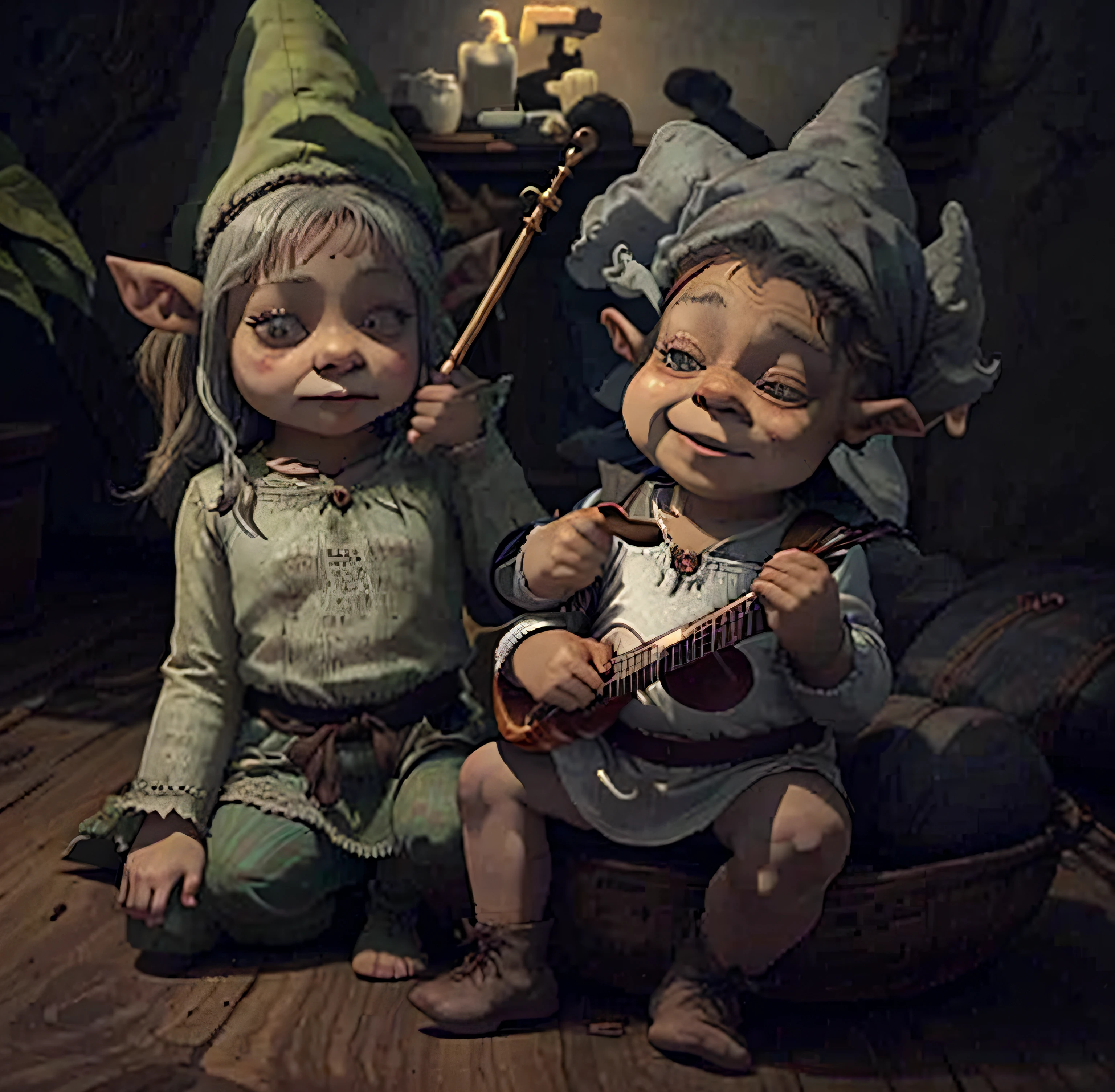 There are two goblins who are playing musical instruments together, Goblins, Elves sitting on the couch, DMT Machine Elves, Nosso, Arte tradicional, musicians, Fauna, Elfpunk, Machine Elves, Directed by: Eugene Zak, painting digital adorable, Feliz!!!, Rio de Janeiro, Lalafell, Directed by: Nil Gleyen, Directed by: Elaine Hamilton, Elfin Beleza