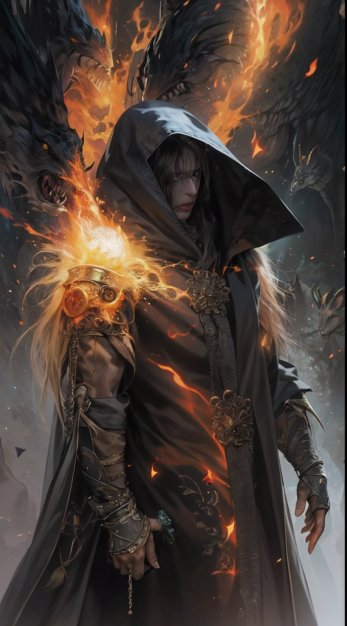 ultra detallado, beautiful and aesthetic, Beautiful, obra maestra , misterio , atmospheric , genial , sobrenatural , La mejor calidad , cueva , 1 hombre , 1 demonic monster , monstruo muy grande , Hombre matando monstruo , The man has a long black hooded robe , He can use magic , El monstruo tiene un cuerno muy grande , Monstruo respira hacer fuego , El hombre tiene una gran espada brillante , fantasy sword , 4 Little monster around the big monster , Magma alrededor del campo de batalla , The battlefield is in Cavern , Toda la cuevaa en llamas , La espada del hombre brilla , Acantilado de mayo y roca en Caverna , Caverna en llamas , (Caverna ultra detallada) , (Magma ultra detallado) , (Cara de hombre ultra detallada) , (Espada ultra detallada) , (Monstruo ultra detallado)