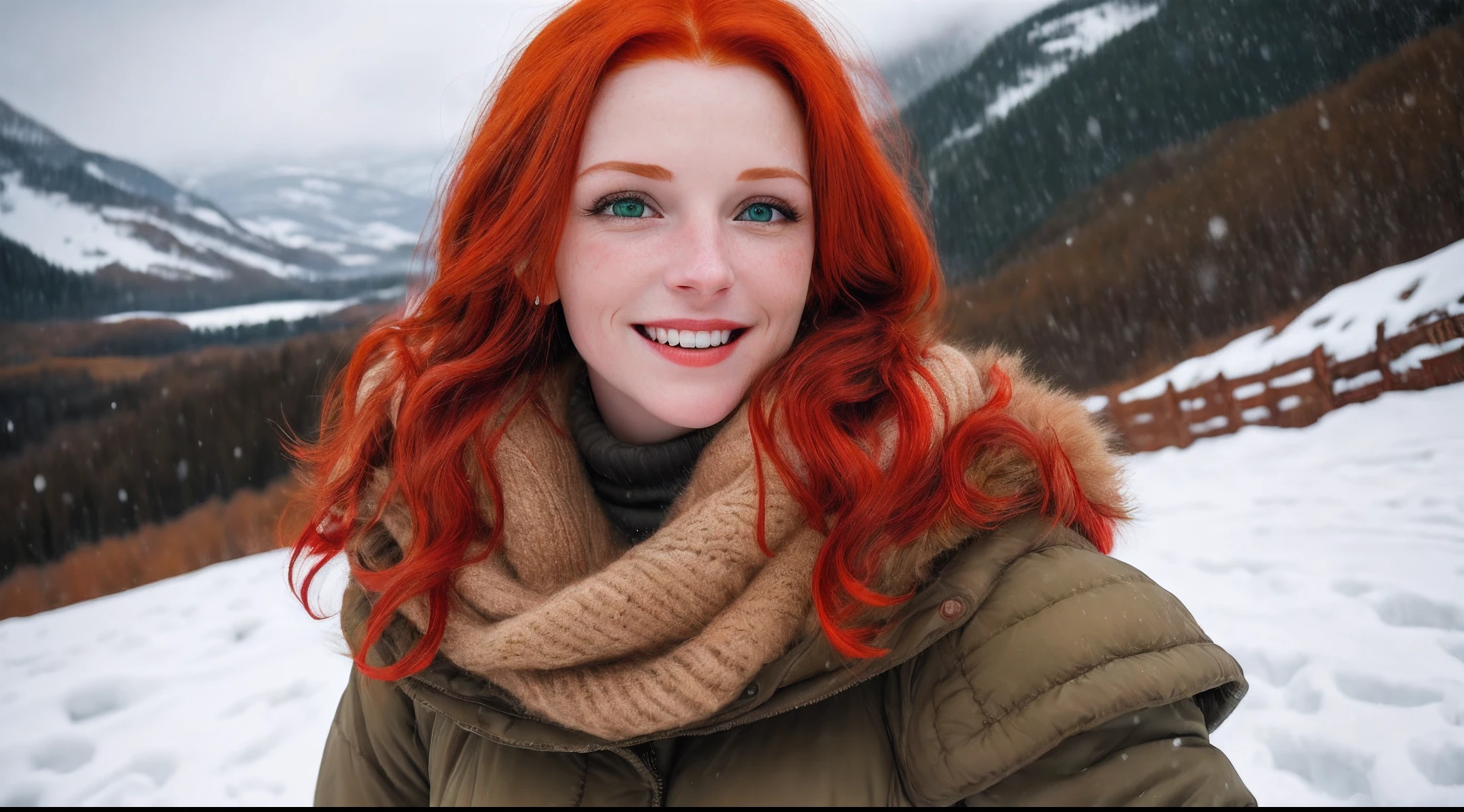 RAW photo, 8k UHD, red hair woman, young, green eyes, masterpiece, photography, Ultra realism, Realistic, enjoying her day on a snowy mountain, smiling, soft lighting, film grain, 8k UHD, DSLR, high quality, HDRI, Fujifilm XT3