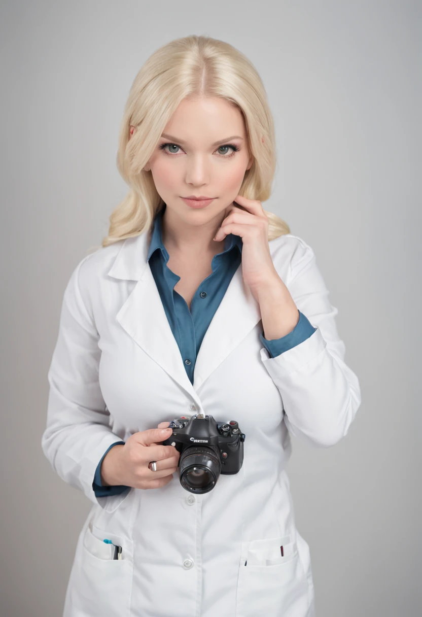 A cute nerdy female blonde scientist drinks a potion that cause her to grow into giantess. She barely fits in her lab. her very huge breast are on the verge of shredding her white lab coat and blue blouse. Black pencil skirt, huge tits, wide hips, massive ass, thicc, very curvy, huge, broad shoulders