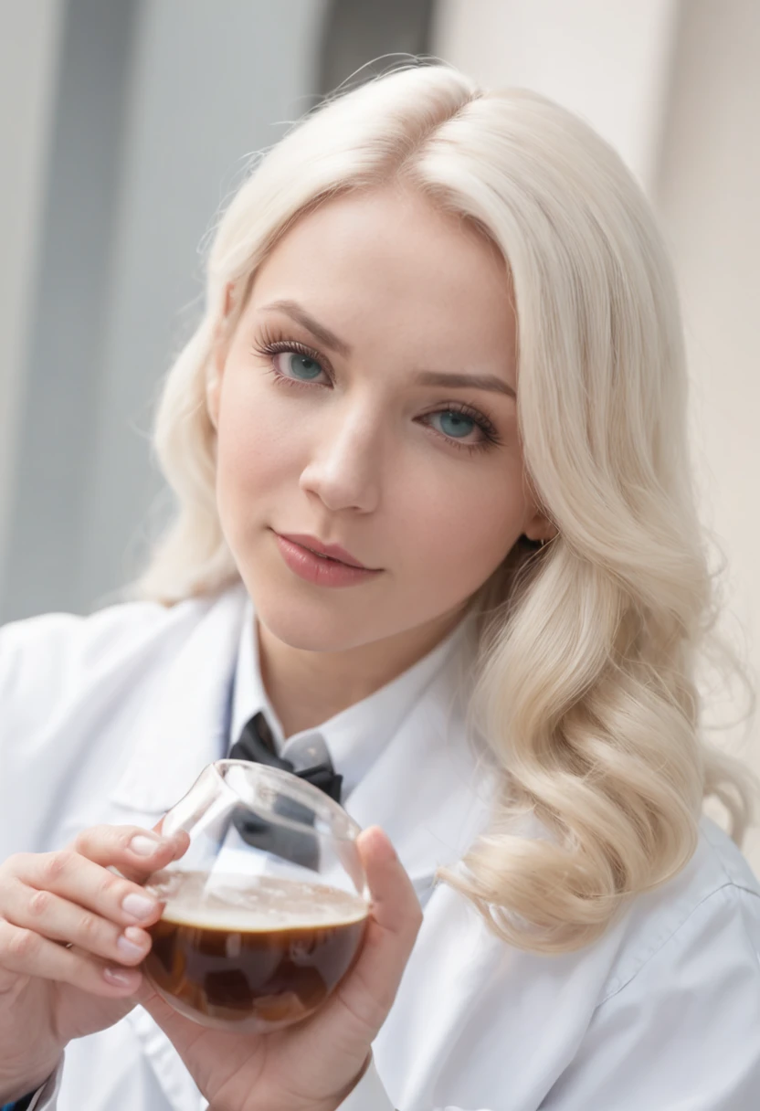 A cute nerdy female blonde scientist drinks a potion that cause her to grow into giantess. She barely fits in her lab. her very huge breast are on the verge of shredding her white lab coat and blue blouse. Black pencil skirt, huge tits, wide hips, massive ass, thicc, very curvy, huge, broad shoulders
