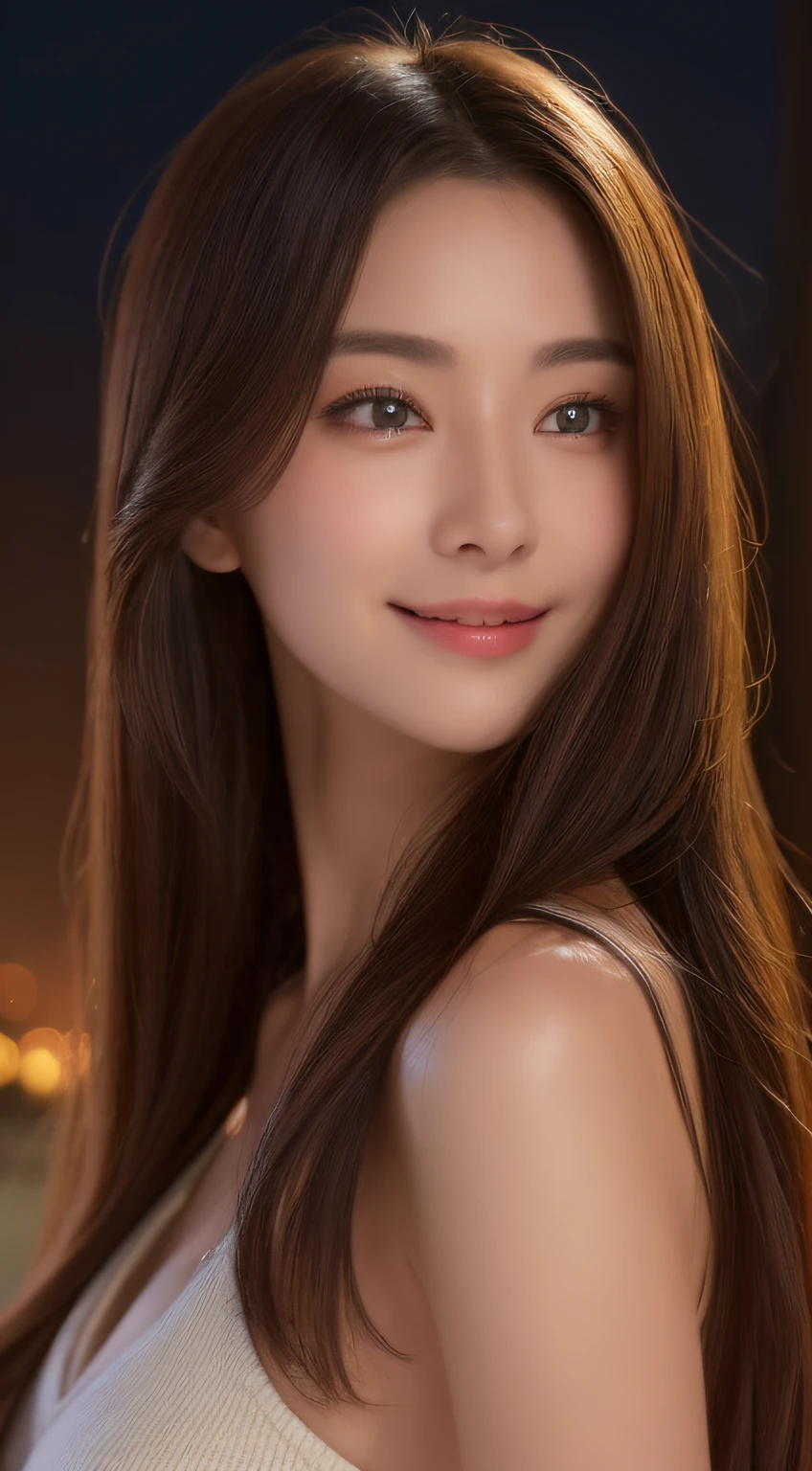 (top-quality、8k、masterpiece:1.3)、Beautiful Women in Perfect Figure:1.4、dark brown hair、Wearing a pendant、nighttime scene、extremely detailed face and skin、A detailed eye、二重まぶた、huge tit、valley、a smile
