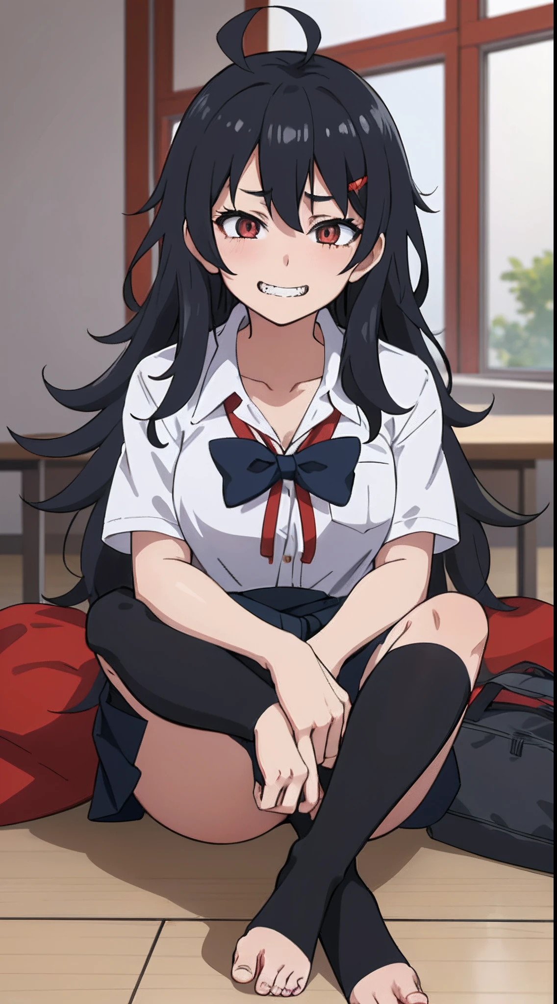 (One teenage girl) with black hair, unkempt hair,,,,,, messy  hair, red tired eyes, In Japanese school uniform, bare feet. bags under eyes, Lots of eye shadow,, yandere, Crazy evil smile with teeth, In the background of an ordinary home room