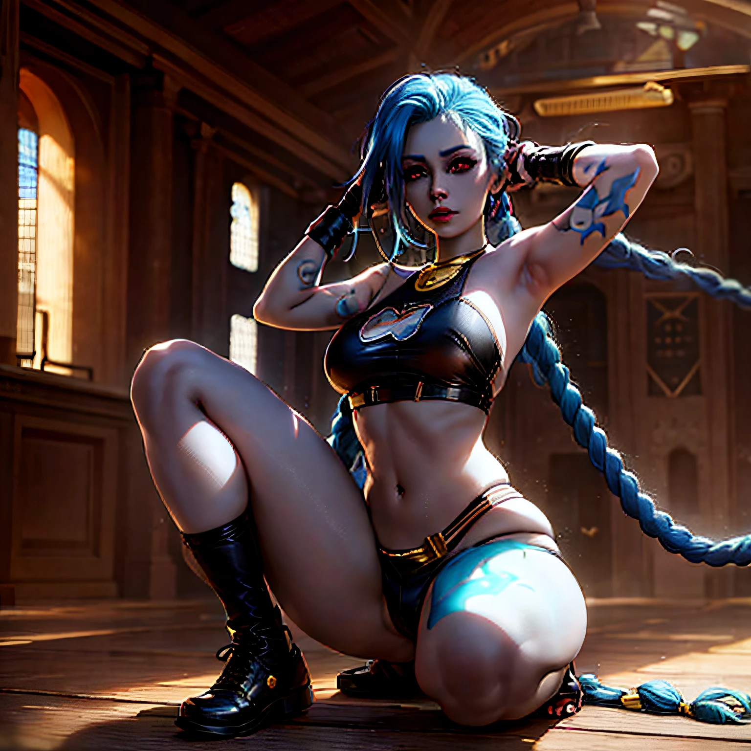 Arafed woman with blue hair sitting on the floor with a rope, Jinx de League of Legends, Jinx, Arcano, KDA, Senna de League of Legends, Modelo IG | Artgerm, pose sexy, jinx arcano, Akali de League of Legends, Bulma de Dragon Ball, De Overwatch, Ross Tran 8 K, de League of Legends