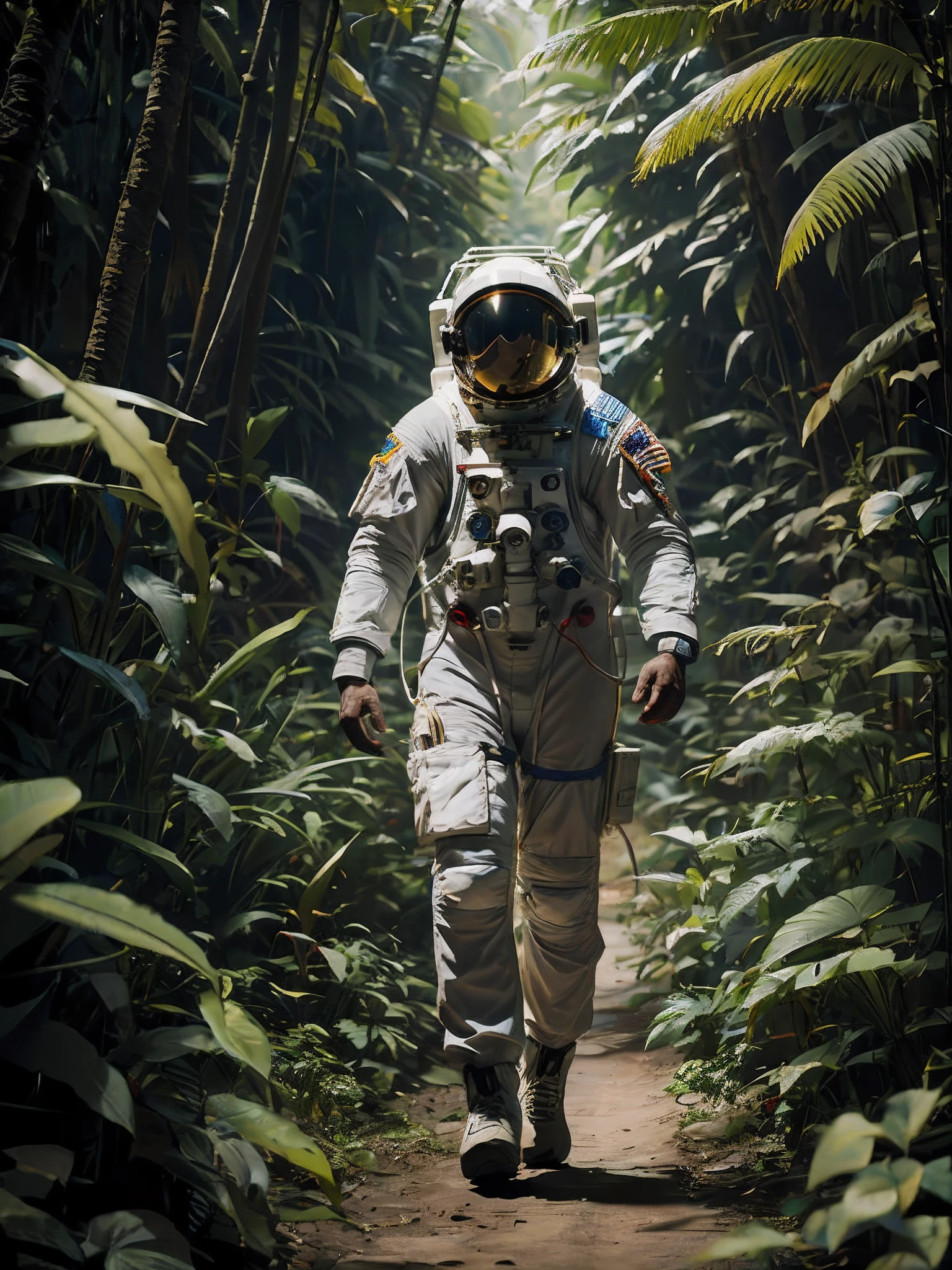 Astronaut walking in the jungle, sony a7r, 50mm lens, morningglow, 8K