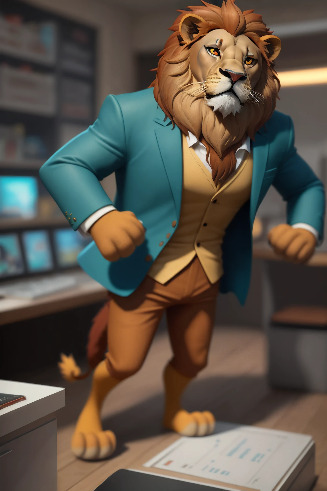 Create a pixar-style 3D animated lion with a CEO outfit --auto --s2