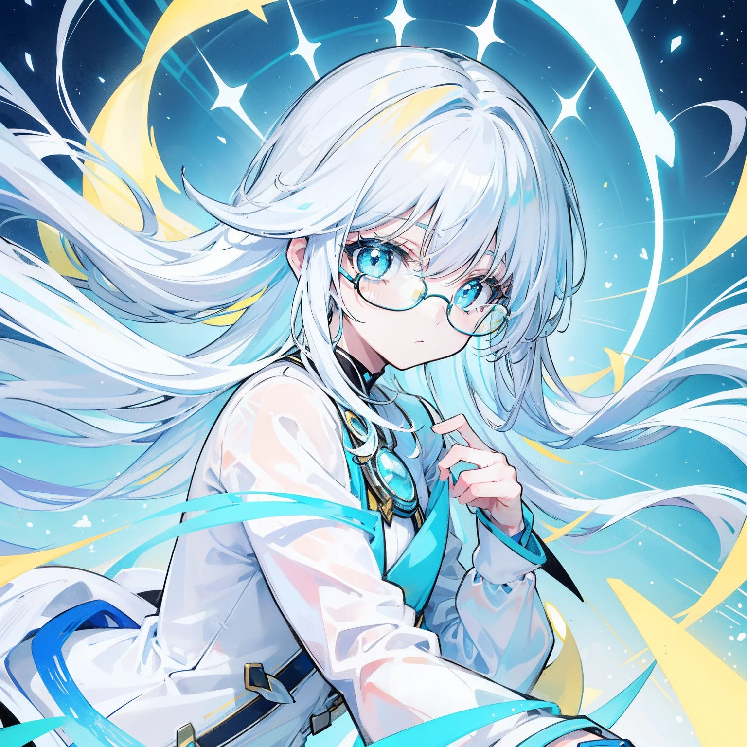 light blues,Yellow hair,Fluorescent milky white,Blue-pink pupils,Black thick-rimmed glasses,Yellow, Blue and white clothes,Super nice looking, Particularly sweet and cute female Aquaman,Light of faith