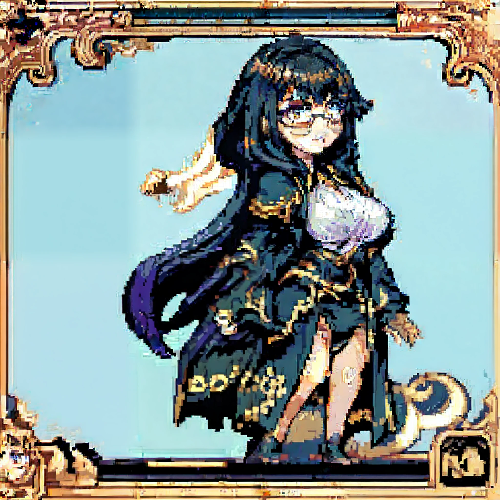 masterpiece, highlydetailed, ,{black hair} (long whitr hair)(Lateral hair)(Shawl hair)(hair straight),(fleshy feeling),(fleshy legs),(Bigchest),(glasses),(Yellow eyes),1girl, serious-expression,full bodyesbian,black greatcoat,pixal style