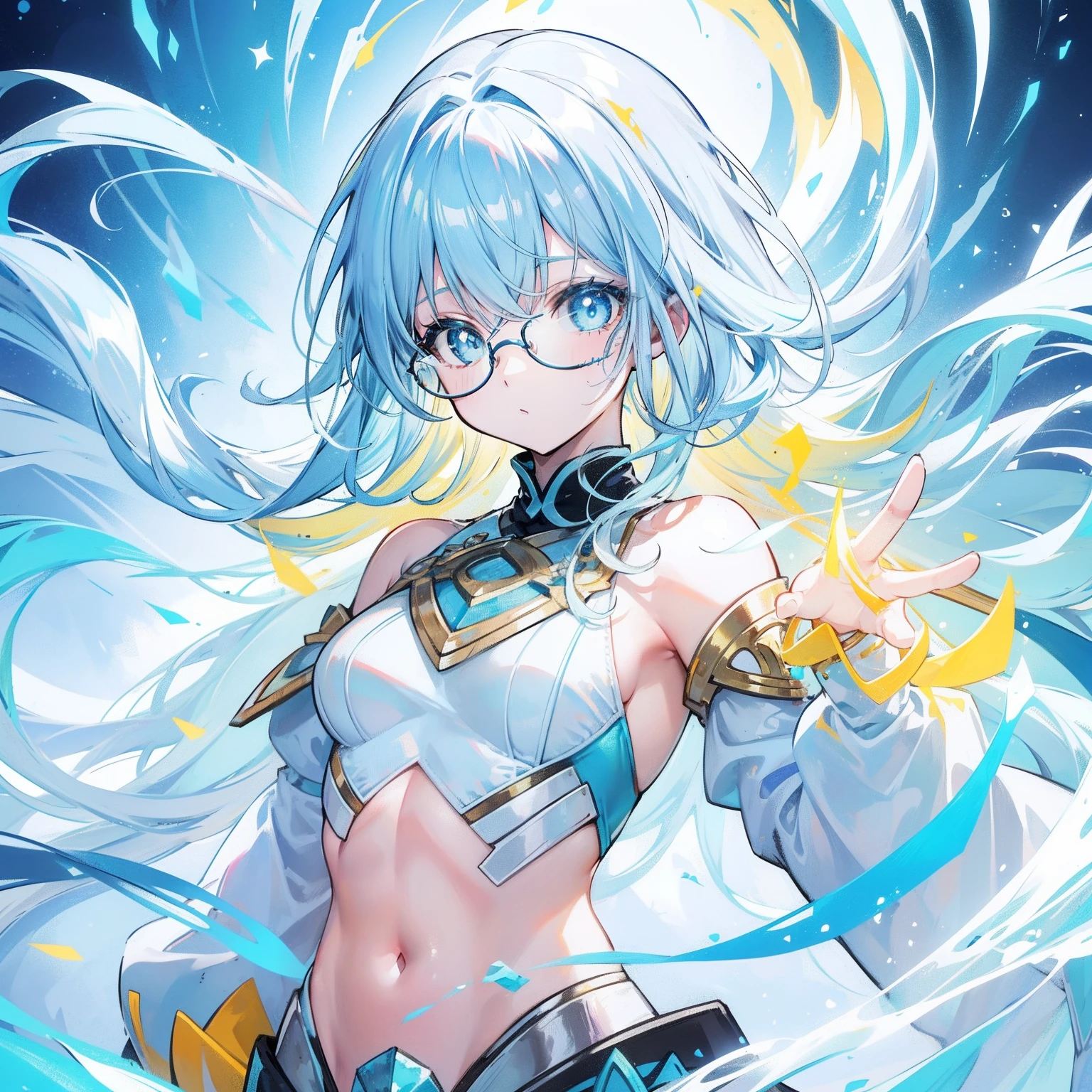 light blues，Yellow hair，Fluorescent milky white，Blue-pink pupils，Black thick-rimmed glasses，Yellow, Blue and white clothes，Super nice looking, Particularly sweet and cute female Aquaman，Light of faith