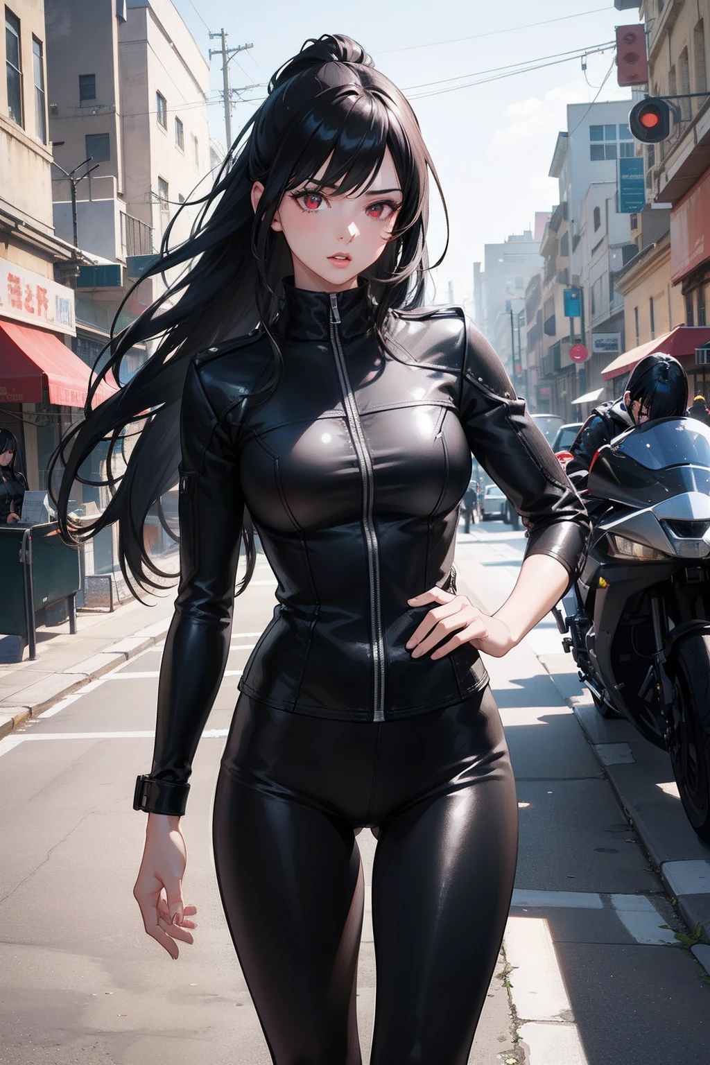 (masterpiece, best quality, ultra-detailed, 8k wallpaper, by artgerm), 1 girl, curvaceous but slender body, anime girl standing on city street in leather skirt and black erotic lingerie, long-haired Ilya Kuvshinov, cyberpunk anime art