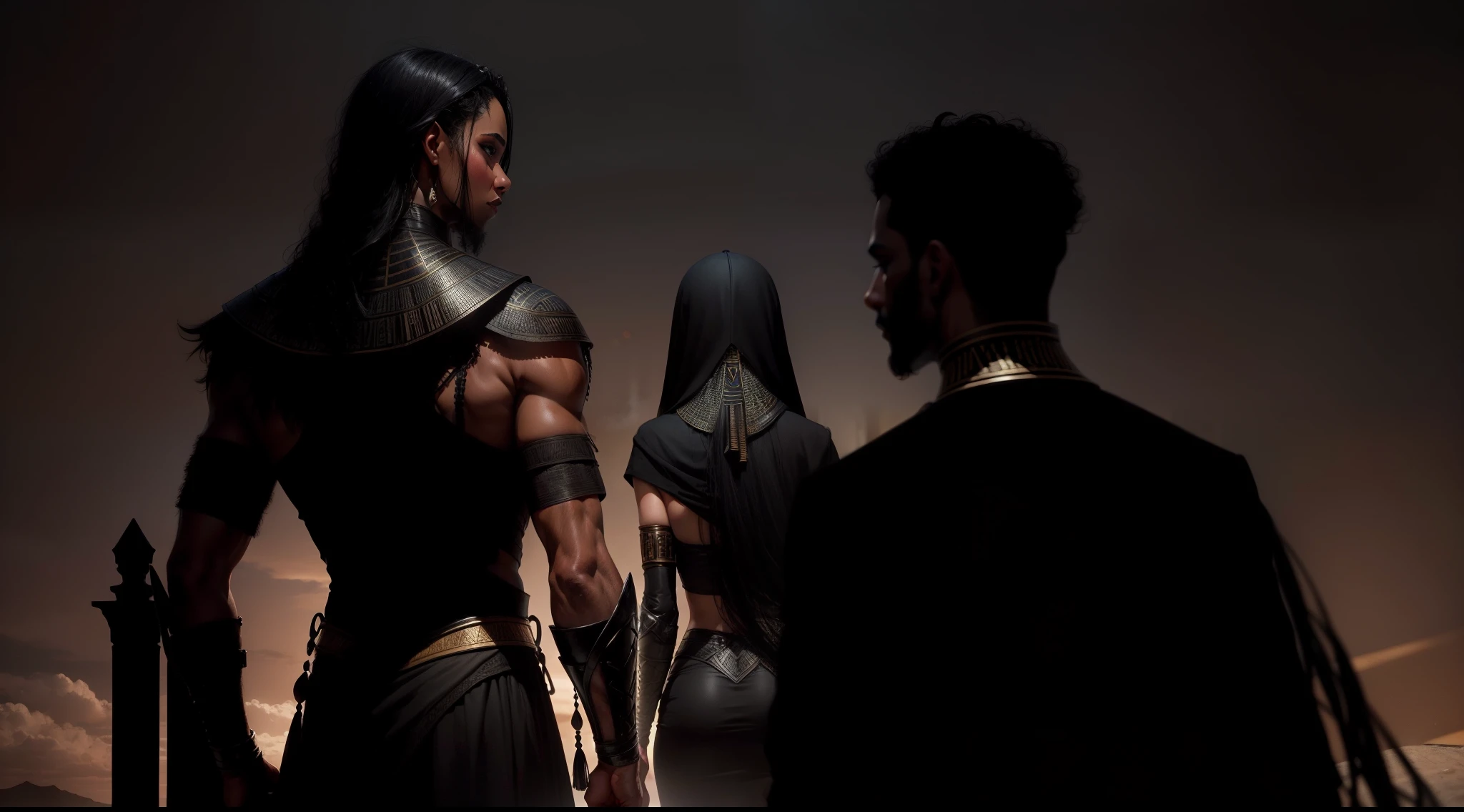 'Enigmatic black silhouettes of two men and one woman from ancient Egypt.'