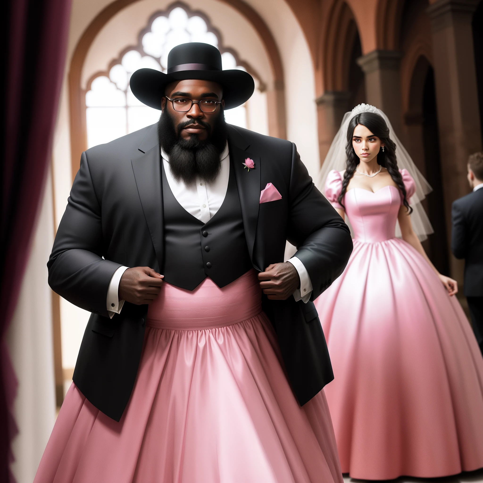 Blackbearded man in pink wedding dress