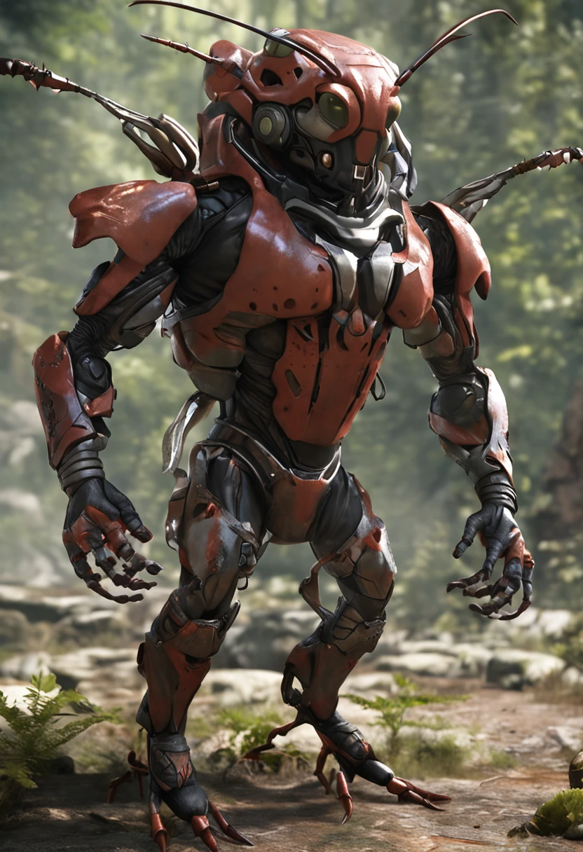 "Design a high-quality, realistic anthropomorphic ant warrior for a fantasy race in a unique and immersive fantasy universe. Ensure that the design prominently features ant-like characteristics while maintaining a humanoid body structure. The warrior should embody both the physical traits of an ant and the distinct traits of a fantasy humanoid, seamlessly blending the two. Describe its appearance, including details such as its exoskeleton texture, number of limbs, body proportions, facial features, armor, weaponry, and any additional unique characteristics that tie into both its ant nature and its humanoid form. Feel free to explore creative ideas while keeping in mind the need for a coherent and visually captivating design suitable for your fantasy universe."