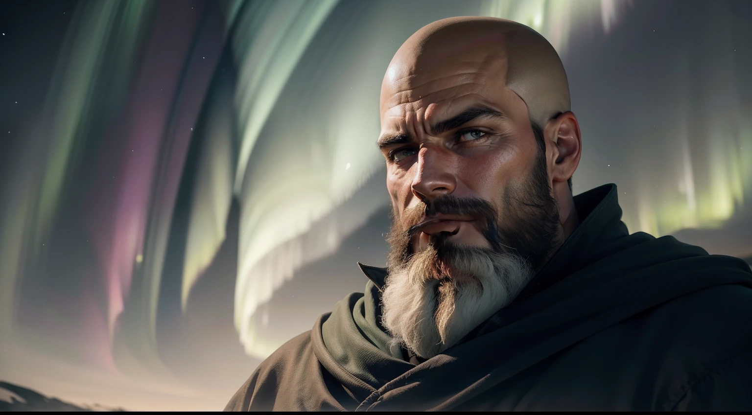 Monge careca com barba, no pico de uma montanha meditando, His expression is calm and full, He's staring into the camera, ao fundo, um estilo aurora boreal brilhante, Perfect artwork, piece of master, melhor qualidade, alto, layered lighting -- 4K