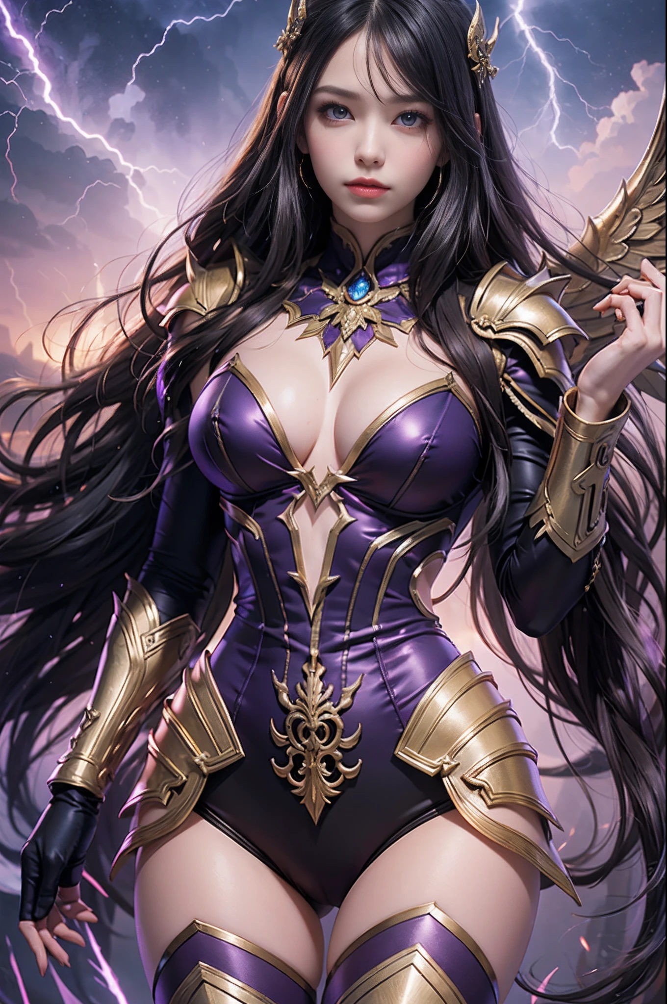 Beautiful Devil Girl,(best qualtiy,8K,tmasterpiece:1.3),Goose egg face,largeeyes,long eyelasher,With bangs,Cool Handsome,domineering,Exquisite(Live-action realistic style),Star-like eyes,The Ultimate Face,Photorealistic light and shadow,Clear facial features,milky skin,Fair skin, highdetailskin, Realistic skin details, Visible Pore,(Super Detail),petite body,Carmelto, full body Esbian,She wears long, Loose black hair that reaches to the waist,(Flowing hair), SMOOTHNESS,gigantic wing,crystal wings,(Super Detail),Dressed in simple armor,((dynamicposes)Suspended in the air),((The Purple Temple,Binary orbital flight,spaces,the sea of star)),((dynamic background((purple lightning)) ,Dramatic scenes