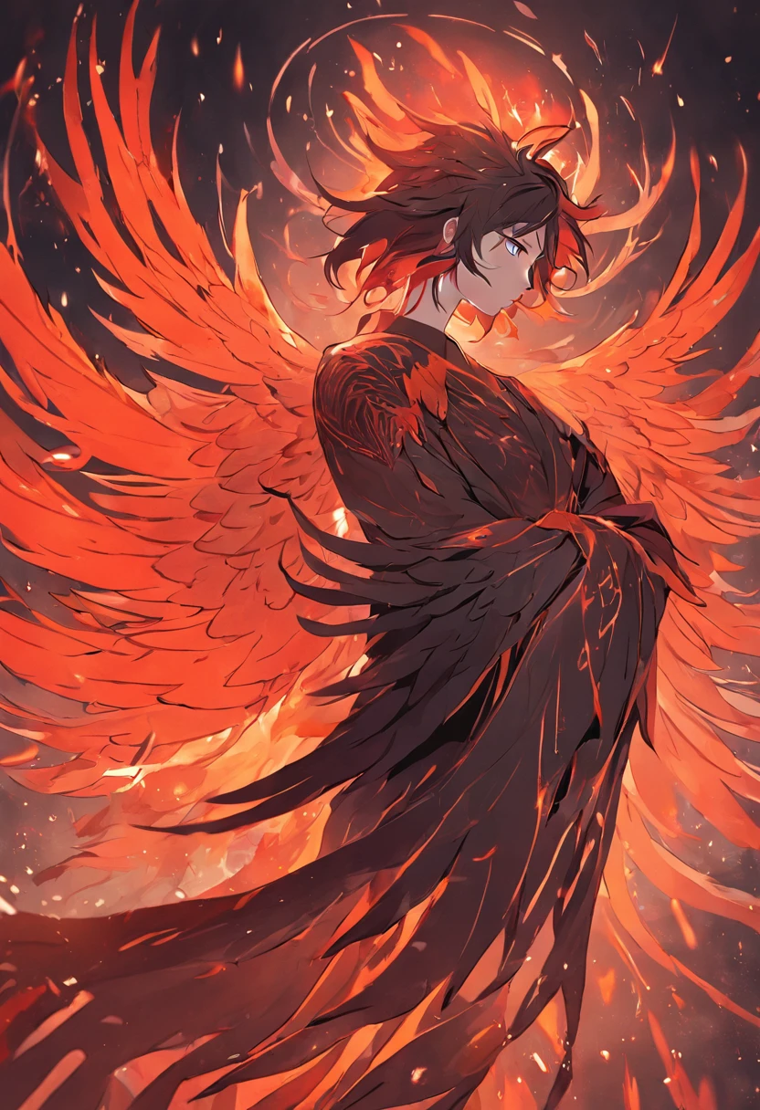 Create an image that represents the phoenix symbol in a stylized way, Moderno e Minimalista, Cores - Tons de cinza escuro/Preto para a silhueta. The phoenix must be on the rise, com suas asas abertas de forma majestosa. The body of the phoenix should be a monochromatic silhouette, Conveying the idea of rebirth and prevention. In the feathers of the phoenix, Represent human hands intertwined to symbolize community unity in the fight against drugs. The colors to be used are shades of dark gray or black for the silhouette of the phoenix and, possivelmente, um tom de laranja ou vermelho suave para o fogo nas asas. A imagem deve ter um estilo moderno, minimalista e sofisticado. Make sure the phoenix is clearly recognizable and conveys the message of rebirth and hope.