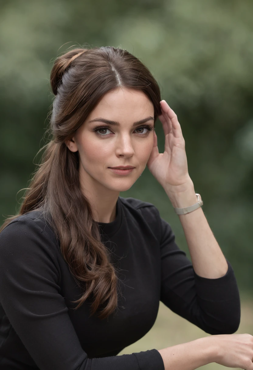 Crie uma imagem de um cara com cabelos longos e pretos, who are stuck in a ponytail. Kate Middleton, She's wearing a black outfit, including a black T-shirt and black pants. She has blue eyes and an expression of boredom on her face. Behind him, there are three monitors and a gaming PC. A imagem deve ser super detalhada, mostrando os detalhes dos cabelos, roupas e dos equipamentos de computador.
