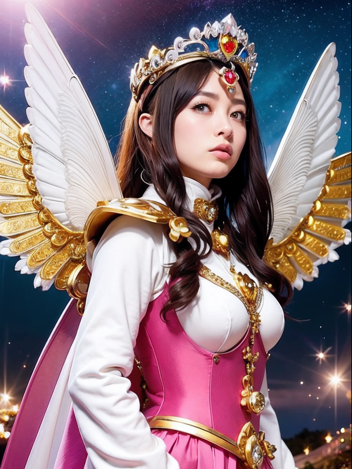 (masutepiece), Professional , ​masterpiece、top-quality、photos realistic , depth of fields （Gemstone Silver Metal Body:1.９),(Matt W White Pink、Jewel Gold Weapon、（Gorgeous castle background）、（ultimate beauty girl）、（Rainbow fairy wings grow）、Particles of light、（Metal body of iridescent gemstones:1.９),Gorgeous Jewel Metal Weapons , Detailed Sword of the Brave ,（ a blond）   ,warhammer 40k , adepta sororitas,Detail and ornate jewel crown、独奏、Brown hair、Mystical expression、（Gangle's forest background）、Beautiful Caucasian beauty、１a person、dynamic ungle,(((Diamond tiara with detail and luxury)))、a small face、Powerful poses、（Gorgeous castle background）、huge filesize、20 year old beautiful woman、Stand in the center of the screen、Thin female fingers、Straight long hair、Beautiful Caucasian beauty、（maikurobikini）、Hair fluttering in the wind、face forwards、Look at viewers、（Armpit）、Armpit、