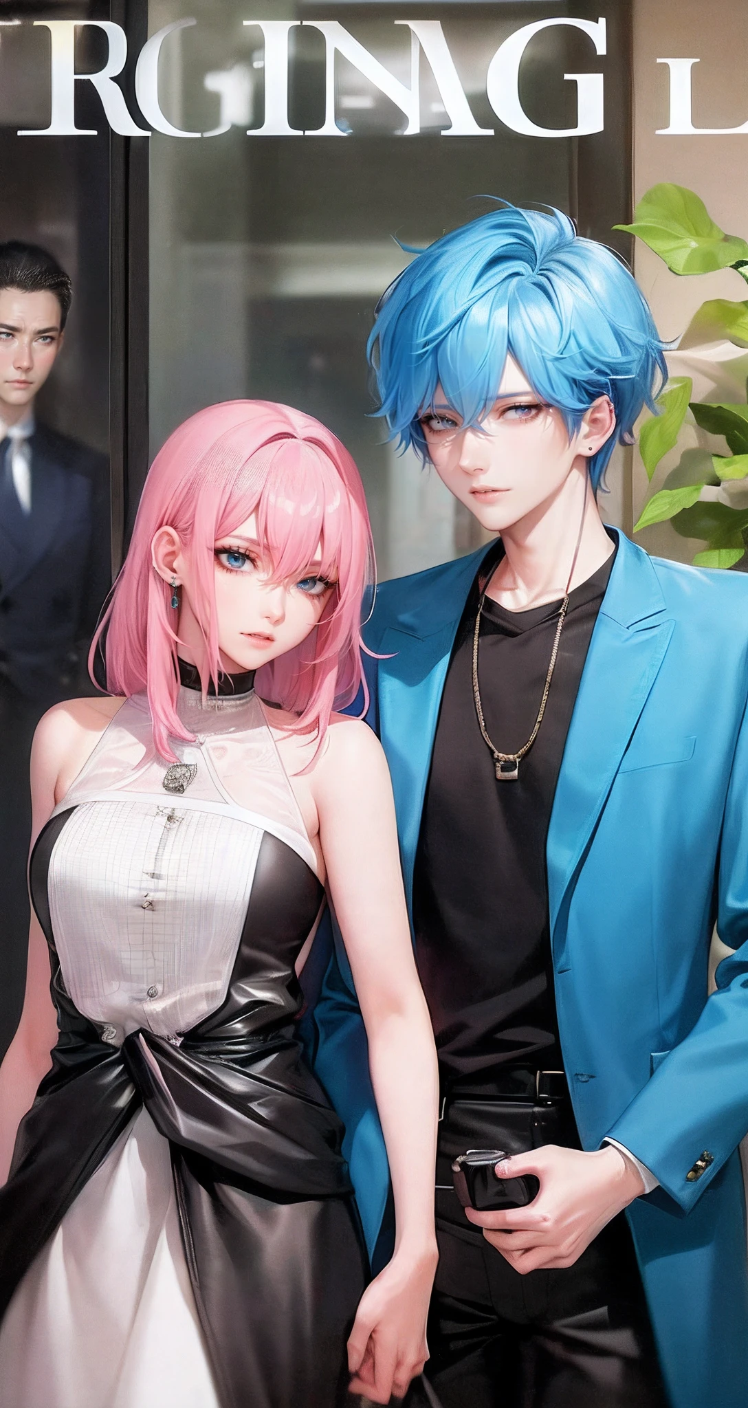 ((Male and female couples)), window, Idol Photos, Magazine covers, Photos of actors, Professional Photos, Height difference, tall male, Happiness, youthfulness, extra detailed face, detailed punk hair, very detailed character, inspired by Sim Sa-jeong, Cai Xukun's, detailed realistic faces, highly detailed realistic face, high detailed face anime, realistic detailed face, Accurate detailed face, attractive androgynous humanoid, Cool Korean fashion in black, ((With a man with light blue hair)), ((Woman with pink hair)), ((Woman with long hair below waist)), ((Man with short hair over ears)), ((Pink hair woman with gentle expression)), ((Man with light blue hair with wild expression)), high-level image quality, masterpiece, Photographed so that the whole body can be seen, Photographed to make clothes look beautiful, Take your eyes off, ((two individuals)), ((British couple))