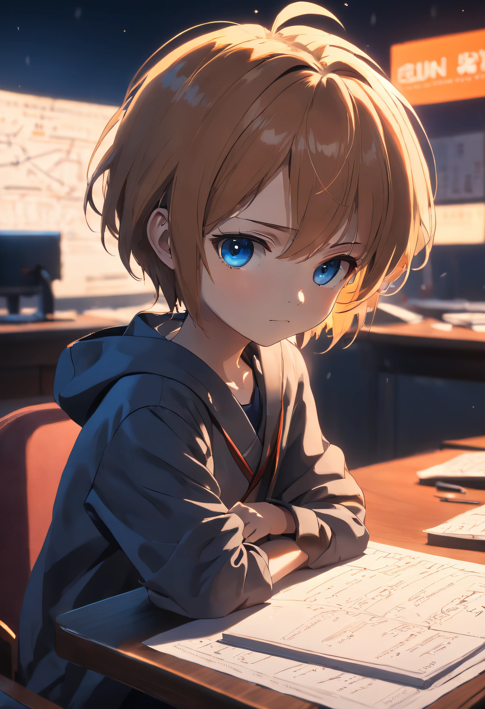 1 cute 10 year old boy,short detailed hair，Sit at your desk，Write your homework carefully，Ray tracing，movie picture quality，Light and shadow tracking，8K，Hyper-detailing