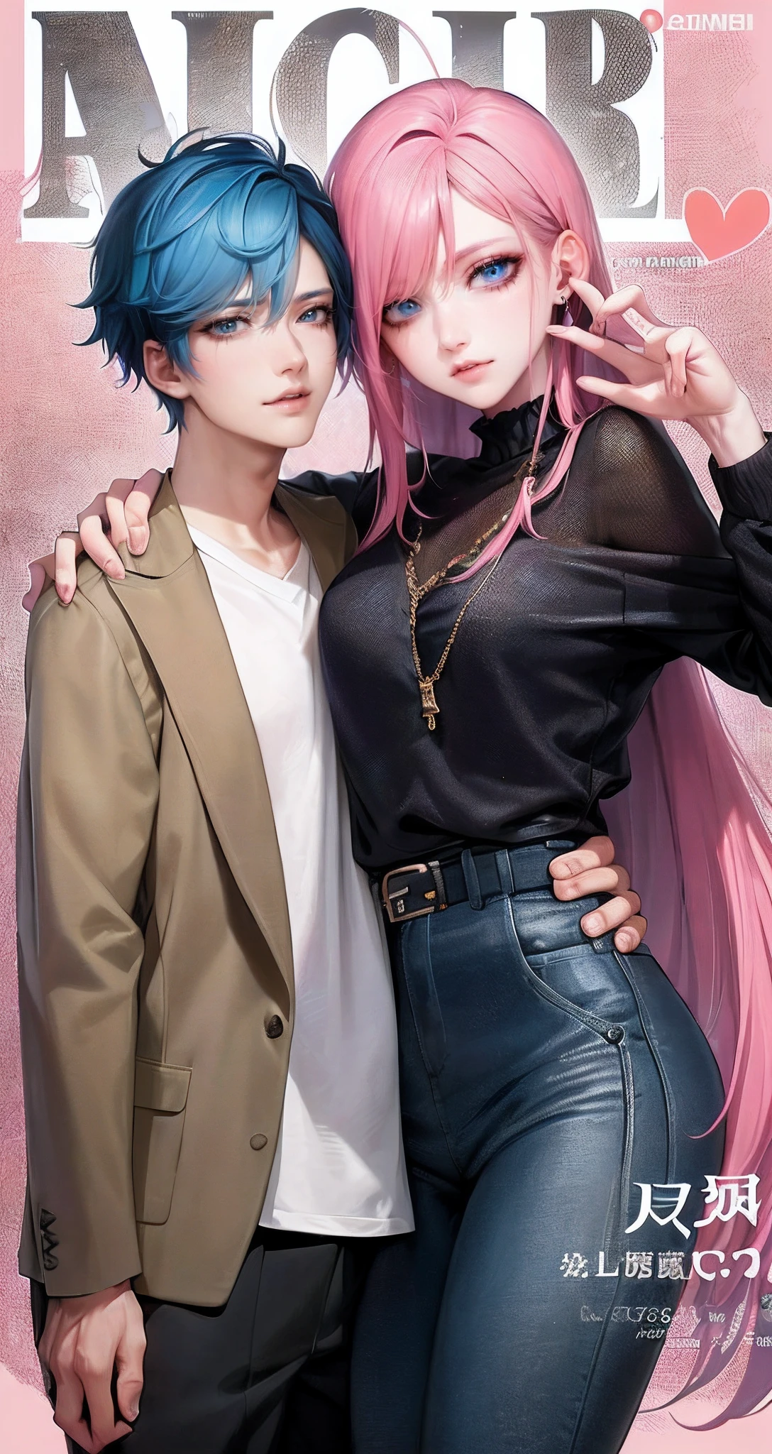 ((Male and female couples)), window, Idol Photos, Magazine covers, Photos of actors, Professional Photos, Height difference, tall male, Happiness, youthfulness, extra detailed face, detailed punk hair, very detailed character, inspired by Sim Sa-jeong, Cai Xukun's, detailed realistic faces, highly detailed realistic face, high detailed face anime, realistic detailed face, Accurate detailed face, attractive androgynous humanoid, Cool Korean fashion in black, ((With a man with light blue hair)), ((Woman with pink hair)), ((Woman with long hair below waist)), ((Man with short hair over ears)), ((Pink hair woman with gentle expression)), ((Man with light blue hair with wild expression)), high-level image quality, masterpiece, Photographed so that the whole body can be seen, Photographed to make clothes look beautiful, Take your eyes off, ((two individuals)), ((British couple))