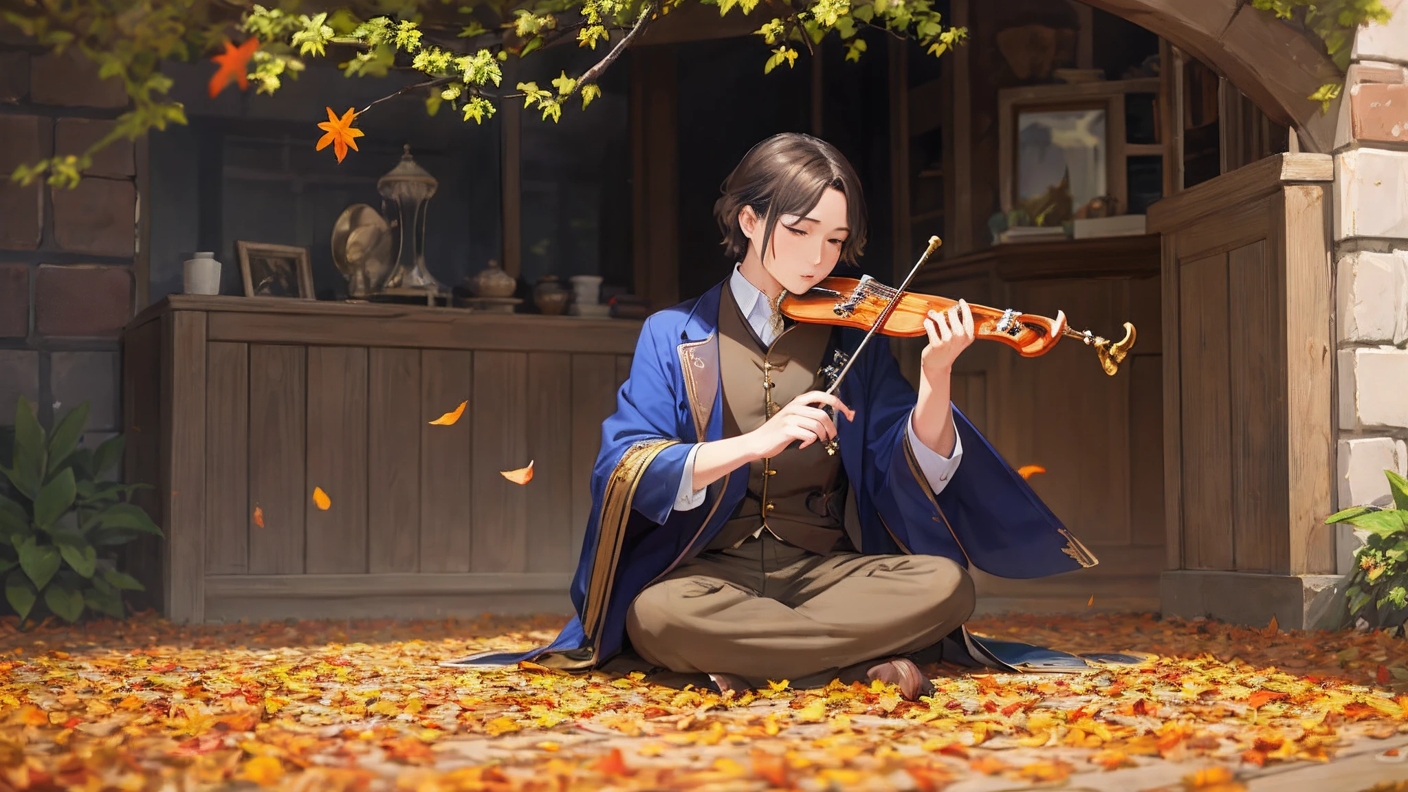 Antique Man Flute Contest Fallen Leaves