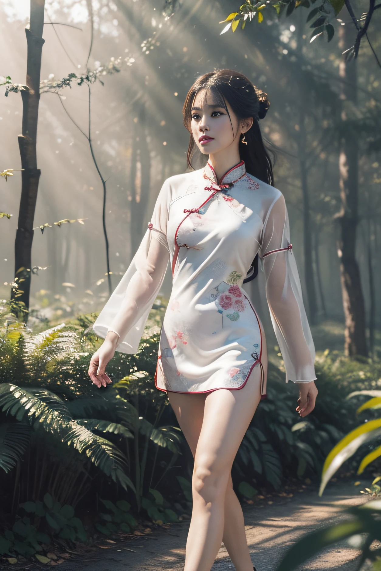 (full bodyesbian:1.1），(1girll:1.3)，(anatomy correct:1.4),(Walk in the forest:1.2),(Wear a cheongsam:1.2),(cabellos largos dorados:1.2),(Accurate and perfect face:1.3),(Long legs:1.5),hyper HD, Ray traching, reflective light， structurally correct, Award-Awarded, High detail, Fade-in and fade-out shadow contrast, Face lighting ，Cinematic lighting, Masterpiece, super detailing, High quality, High detail, Best quality, 16k，High contrast,