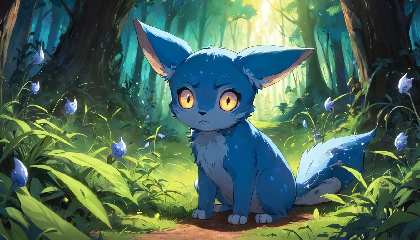 Um coelho azul, com olhos grandes e orelhas pontudas em uma floresta verde gigante, muitos animais encantados, fadas, borboletas. Professional lighting reaction to dusk.