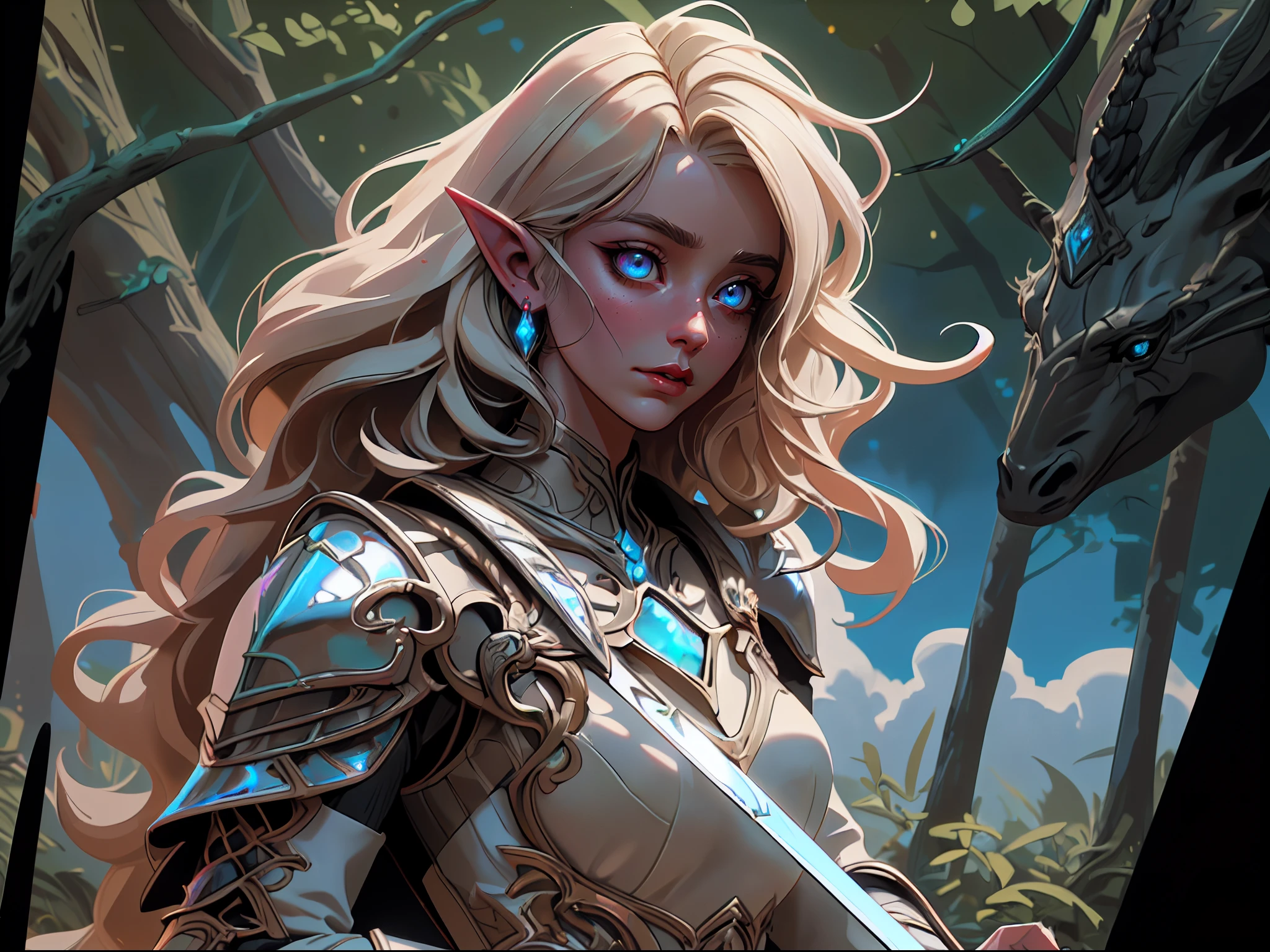 a picture of a beautiful female elf knight riding a unicorn in the forest, female elf knight, extremely beautiful female elf (best details, Masterpiece, best quality: 1.5), ultra feminine, ultra detailed face (best details, Masterpiece, best quality: 1.5), determined face, ready for war, blond hair, long hair, wavy hair, dynamic eyes color, armed with long sword fantasysword sword, wearing heavy armor, elven armor (best details, Masterpiece, best quality: 1.5), white unicorn, fantasy forest and some clouds in the background, fantasy art dnd art, RPG art magv1ll, Ultra-Wide Angle, high detail, award winning, best quality, HD, 16K, high details, best quality, absurd highres, ultra wide angle, photorealistic, ultra realistic [[anatomically correct]], high details, best quality, 16k, [ultra detailed], masterpiece, best quality, (extremely detailed), ultra wide shot, photorealistic, high contrast