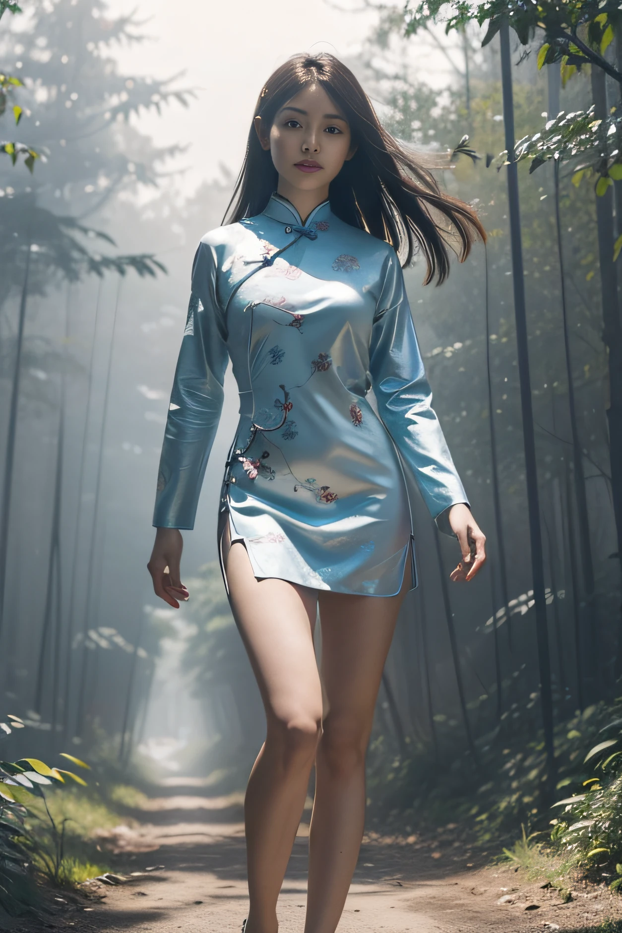 (full bodyesbian:1.1），(1girll:1.3)，(anatomy correct:1.4),(Walk in the forest:1.2),(Wear a cheongsam:1.2),(cabellos largos dorados:1.2),(Accurate and perfect face:1.3),(Long legs:1.5),hyper HD, Ray traching, reflective light， structurally correct, Award-Awarded, High detail, Fade-in and fade-out shadow contrast, Face lighting ，Cinematic lighting, Masterpiece, super detailing, High quality, High detail, Best quality, 16k，High contrast,