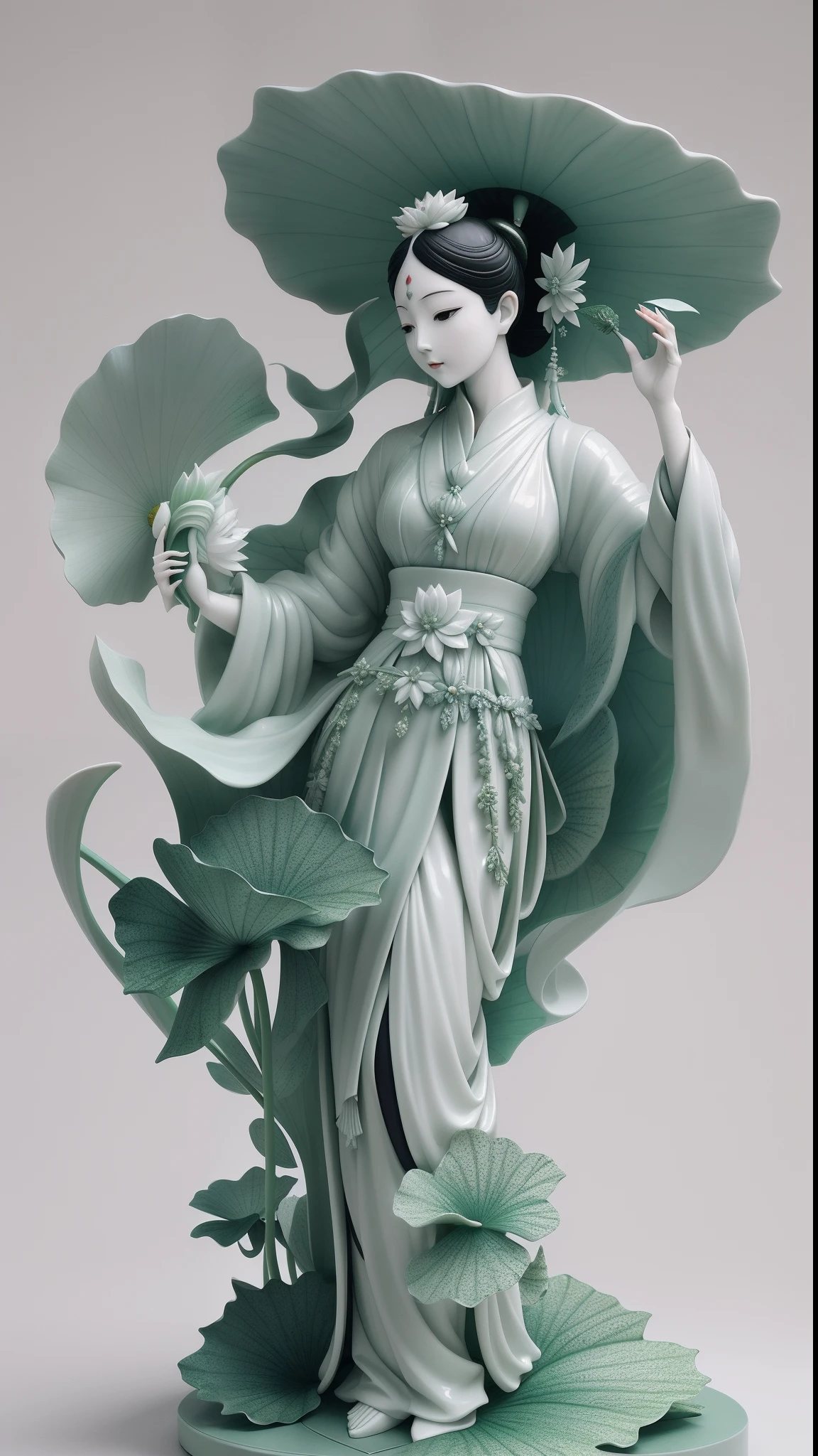(A statue of a woman holding a lotus leaf),(White statue 1.2),(Green lotus leaves:1.2),by Russell Dongjun Lu, james jean and wlop, (porcelain sculpture), pop japonisme 3 d ultra detailed, highly detailed sculpture, inspired by Fei Danxu, (jade sculpture),
