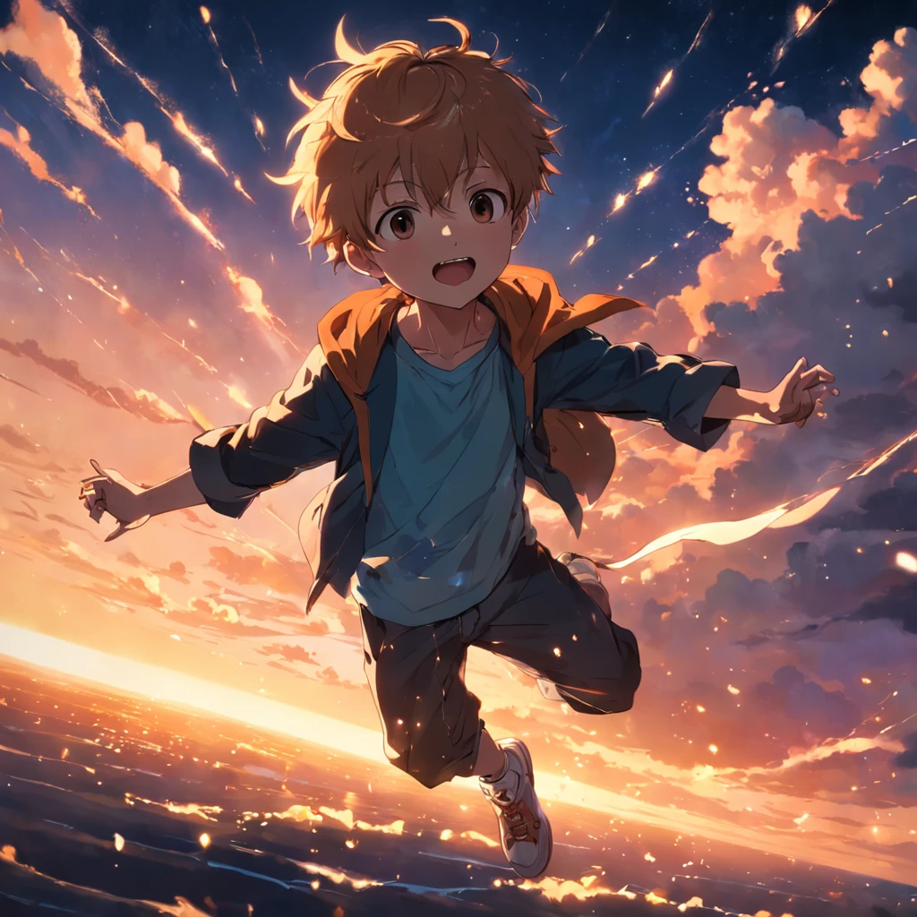 obra-prima, melhor qualidade, filme ainda, boy, garoto nuvem, floating into the sky, close-up, brilhante, feliz, Soft lighting and Warm, sun sunset, (Sparks: 0,7)