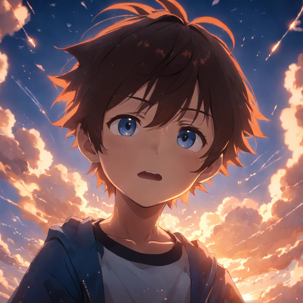 obra-prima, melhor qualidade, filme ainda, boy, garoto nuvem, floating into the sky, close-up, brilhante, feliz, Soft lighting and Warm, sun sunset, (Sparks: 0,7)