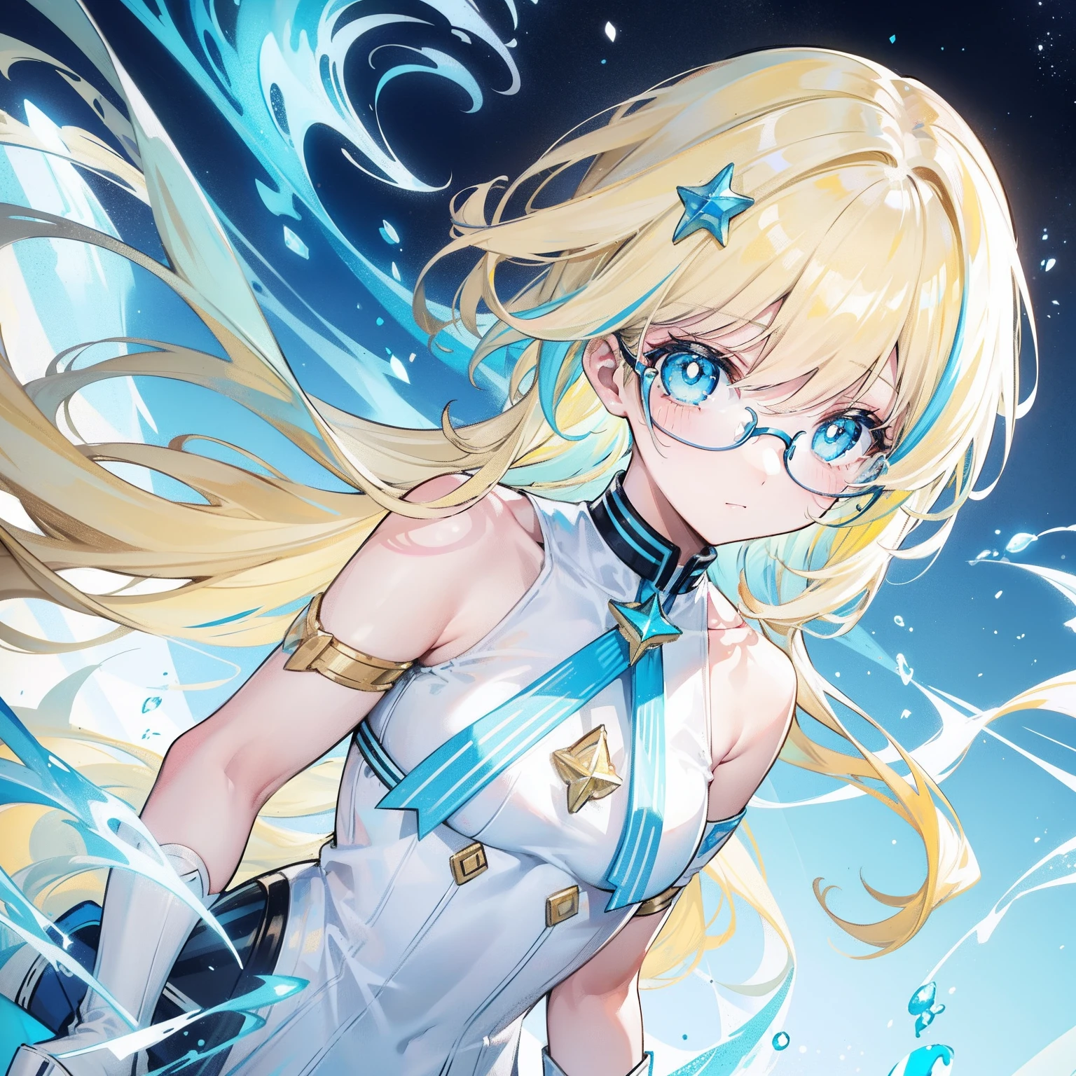 light blues，Yellow hair，Fluorescent milky white，Blue-pink pupils，Black thick-rimmed glasses，Yellow, Blue and white clothes，Super nice looking, Particularly sweet and cute female Aquaman，Light of faith