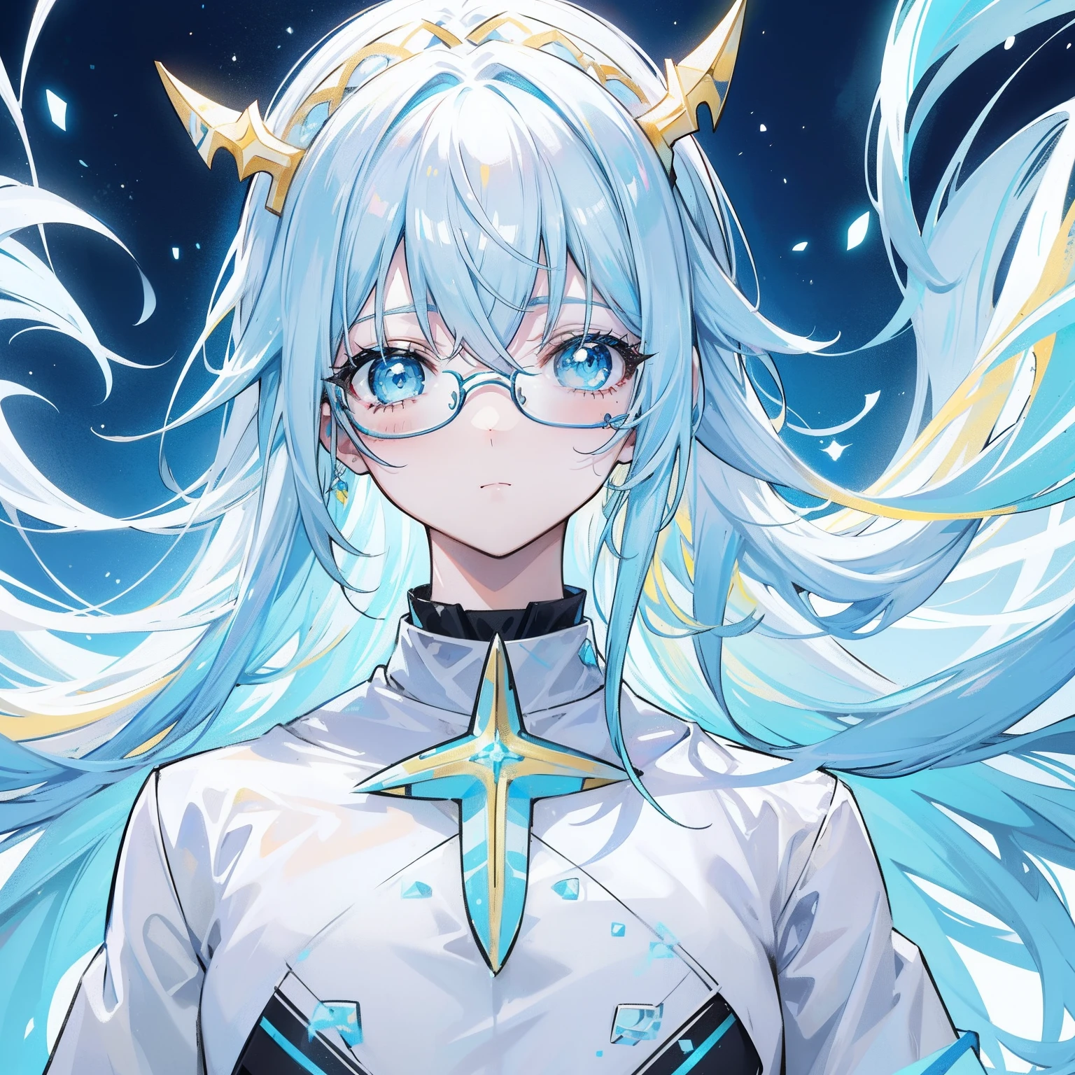 light blues,Yellow hair,Fluorescent milky white,Blue-pink pupils,Black thick-rimmed glasses,Yellow, Blue and white clothes,Super nice looking, Particularly sweet and cute female Aquaman,Light of faith