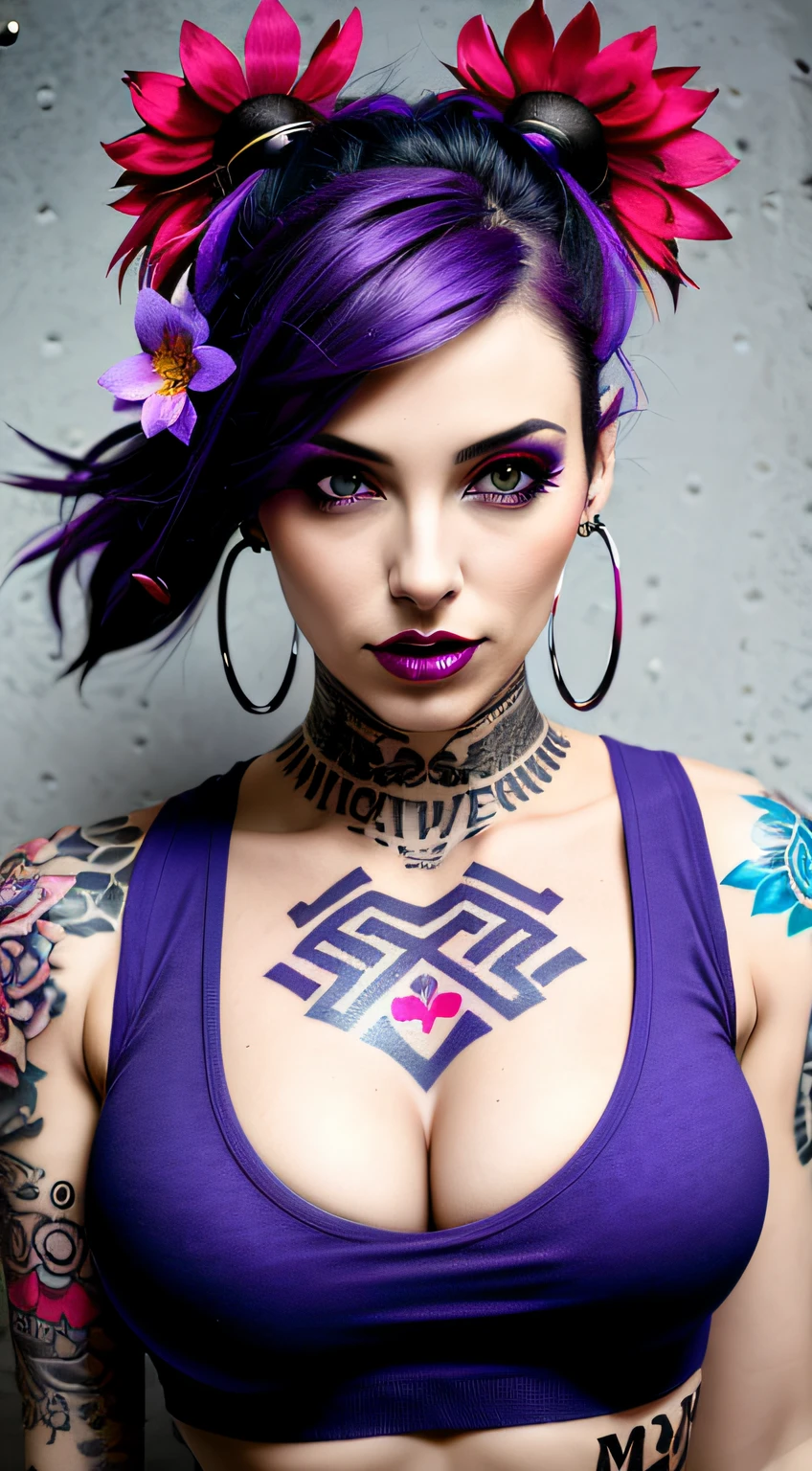 photography of a beautiful monster woman with flowers in her hair. (from above:1.2).(close up) . deep cleavage, wearing a crop top , wearing earing,dark purple-red-blue color, punk woman with runic tattoos,(captivating expression). blury background. slim, (small breasts), (t-shirt, open vest, midriff)