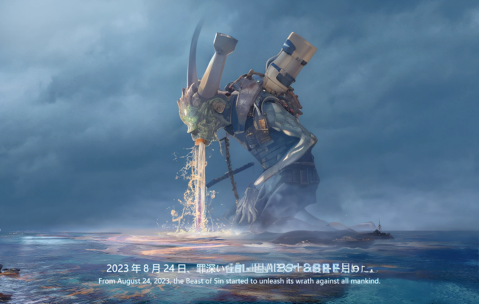 A monster drinking wastewater atomic bomb kneeling