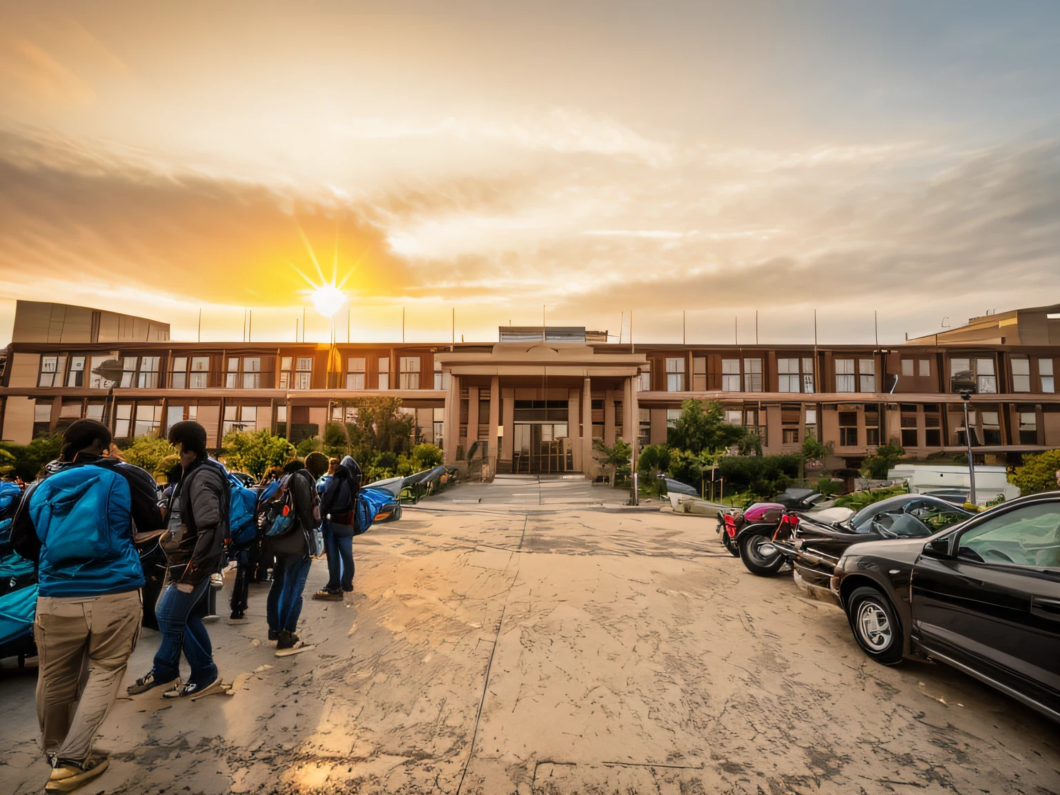 college building with cool background, realistic photo sunrise