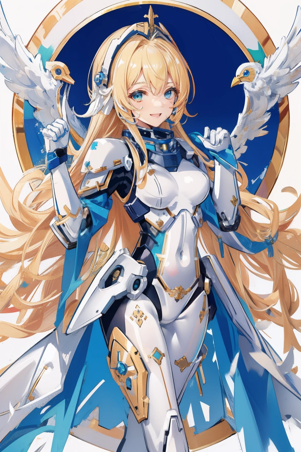 (master piece, Best Quality), Intricate details, valkyrie, kawaii, Happy smile, (((Laugh))), Hand up, Looking at Viewer, Feather Headgear, sea
1 girl, Solo, Portrait, Tentacle ash blonde hair, single thighhigh, Independent single sleeve, gloves,
mecha musume, Droid, mechs, White bodysuit, Silver Reinforced Suit, silver pantyhose, full armor,