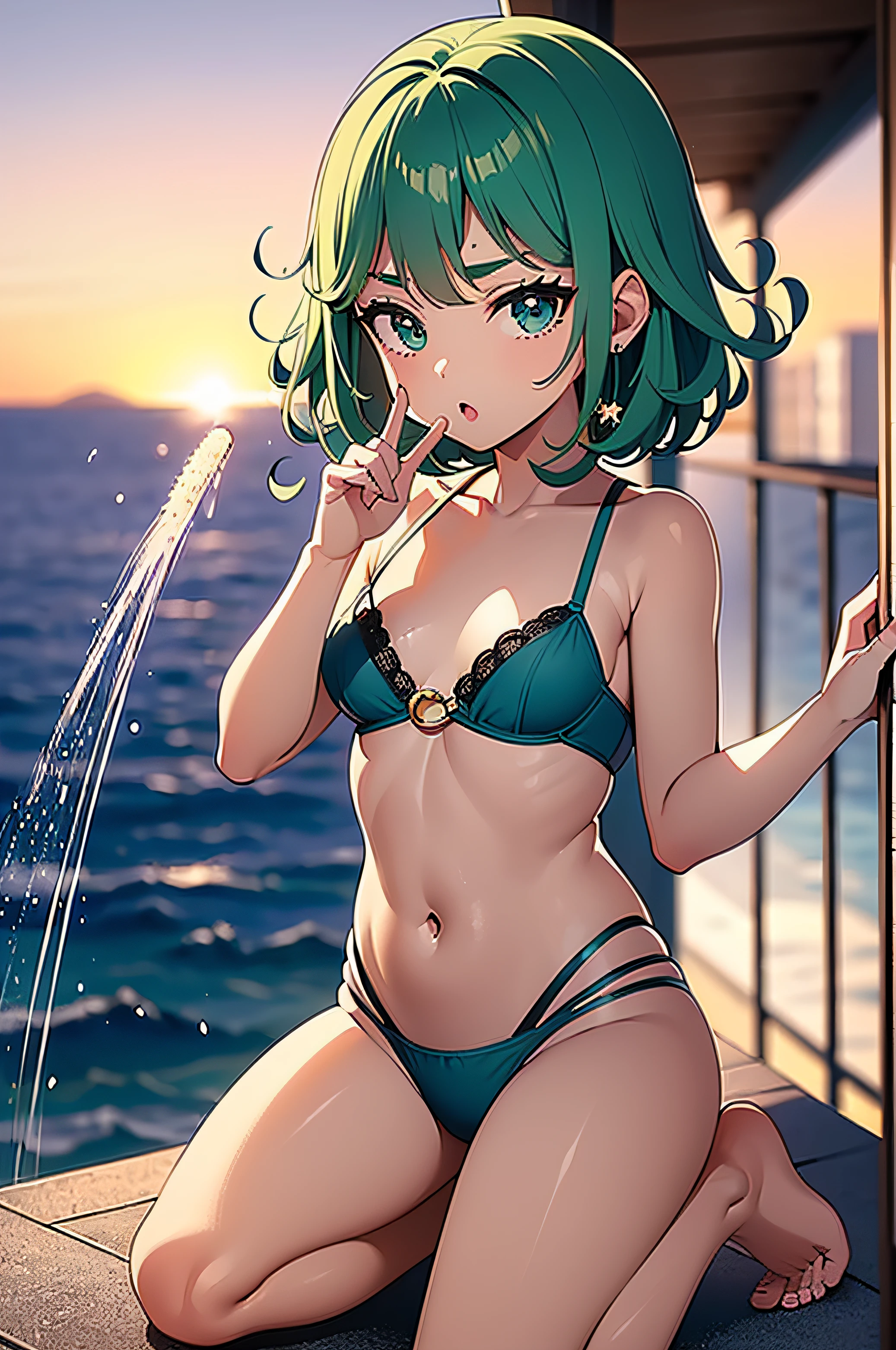 8yk, foto crua, (obra-prima), (melhor qualidade), oi-res, (uma garota), (realista, fotorrealista: 1.2), Ultra-detailed physical rendering, colar, brincos, little nipples, ornamento de cabelo, sun sunset, 鎖骨, pulseira, umbigo, cabelo curto, cabelo verde, ahoge, sozinha, seios pequenos, praia, cabelo ondulado, 、、、、 fino ((mais alta qualidade, 16k, obra-prima: 1.3)), mulher bonita com figura perfeita: 1.4, seios pequenos, pequenos, 25 anos, abdominais esguios: 1.2, ((((cabelos curtos ondulados)), ((pequeno: 1.4)), ((Kpop idol: 1.3)), ((Shower Water)), ((lingerie 1.5)), (((banheiro)), textura altamente detalhada do rosto e da pele, (((pose)), ((sedutor)), ((pernas abertas (corpo encharcado)) feche os olhos, feche os olhos, abra bem a boca, chore,