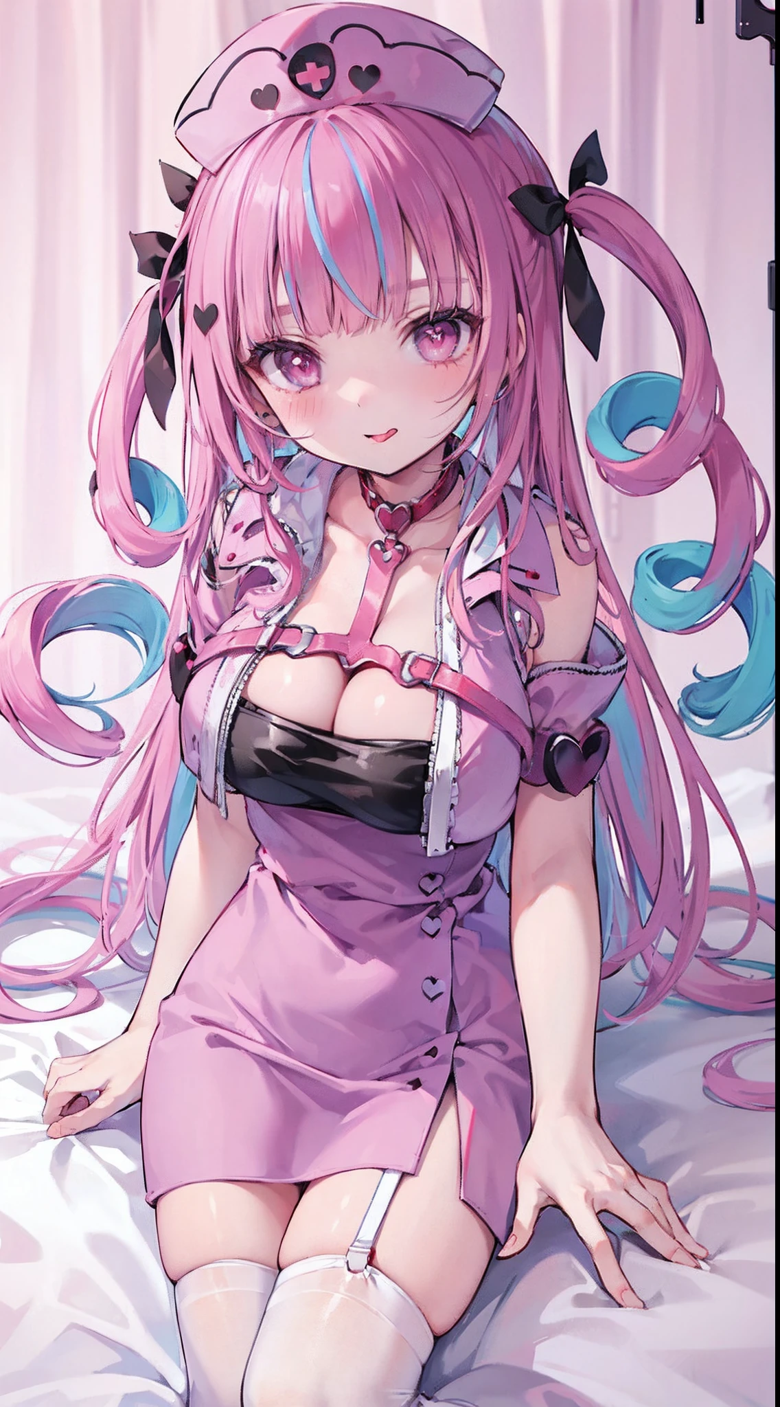 High detail, Heart-shaped pupils,Nurse hat,cleavage,Collar,Love pupils,cropped shoulders,Red Cross,Slender maiden,highly rendered,detailed face with,white stockings,Stick out your tongue,standing on your feet,syringes,
