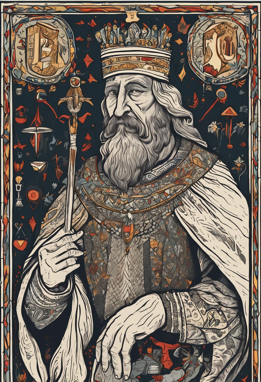 Cartoon close-up of a man with a crown on his head, rasputin as grubhub character, Richard IV of the Romans, Old kings of the Middle Ages, Inspired by Jean Fouquet, Inspired by Pietro Lorenzetti, Portrait of an old king in the Middle Ages, Richard King Lionheart, Inspired by Artune Sultan, Paintings of Samarkand